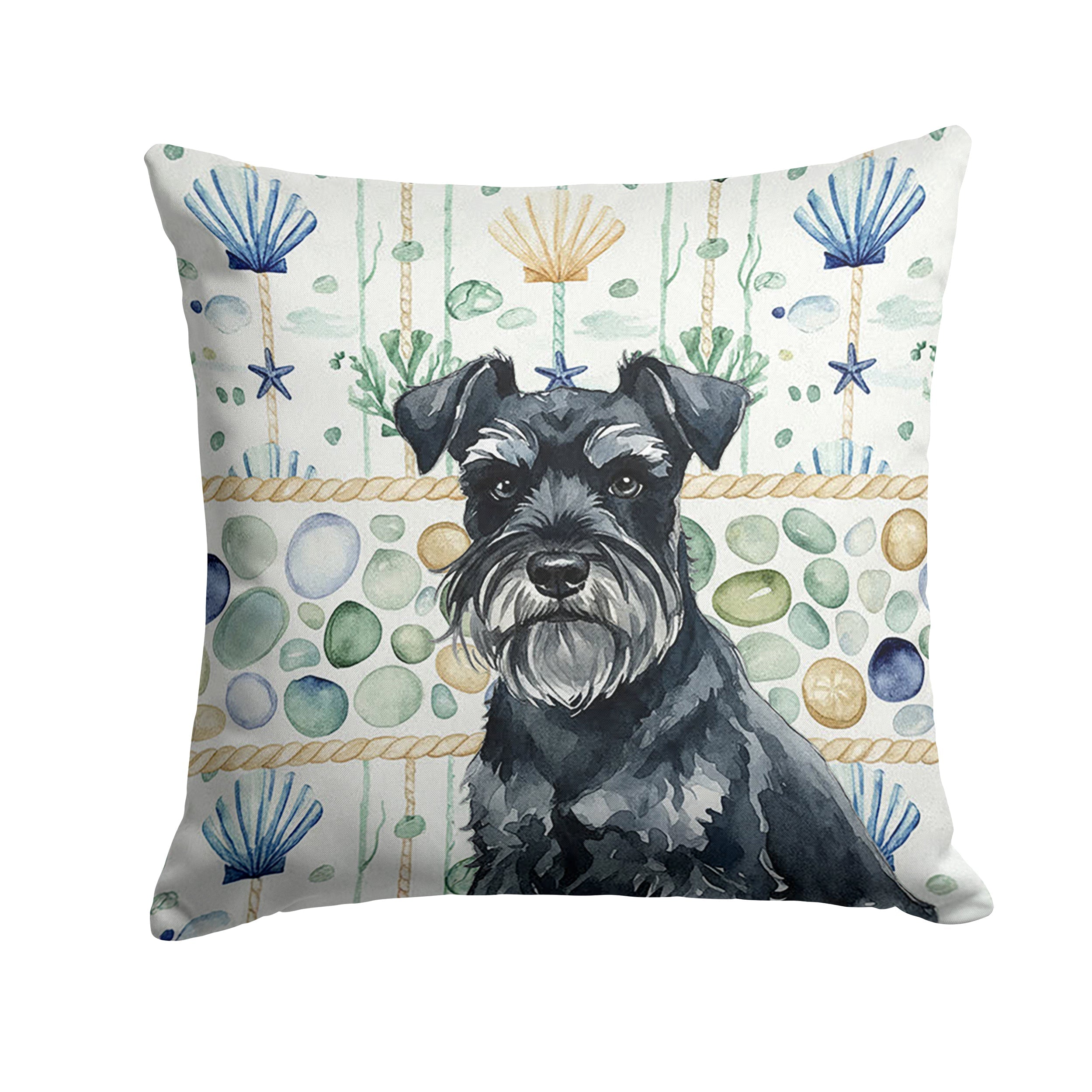 Black Miniature Schnauzer Coastal Sea Glass Decorative Throw Pillow 18x18 Indoor Outdoor Accent Cushion, Fabric Cover with Insert for Sofa, Bed, Porch & Living Room