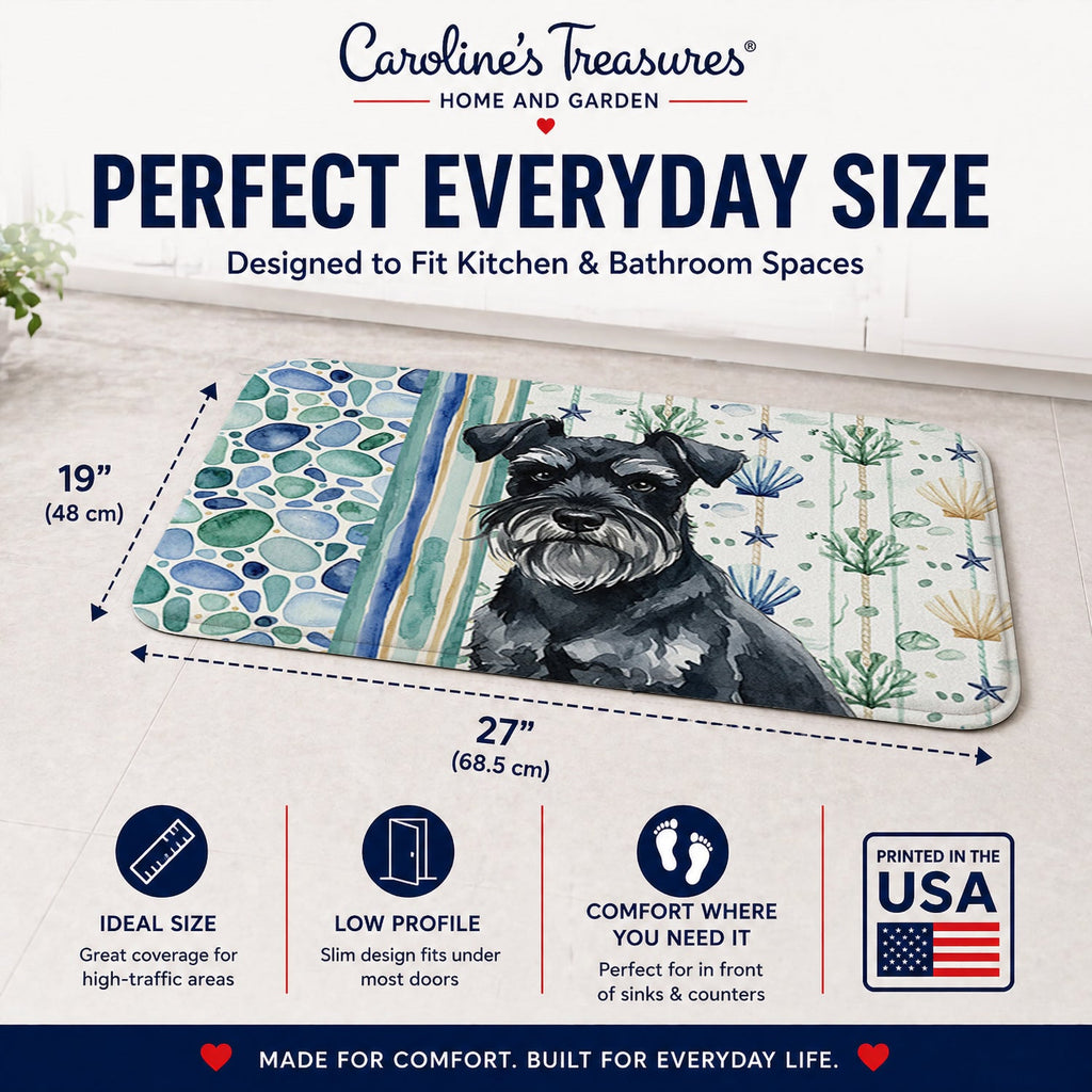Black Miniature Schnauzer Coastal Sea Glass Memory Foam Kitchen Mat Machine Washable Anti-Fatigue Cushion Comfort Bath or Kitchen Rug