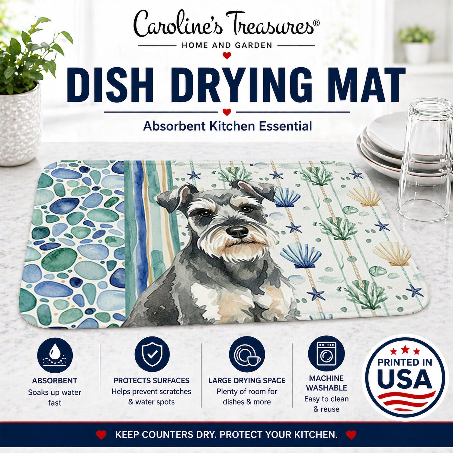 Miniature Schnauzer Coastal Sea Glass Dish Drying Mat Absorbent Dish Drying Mat Pad for Kitchen Counter Dish Drainer Mat for Countertop, 14 x 21", Multicolor