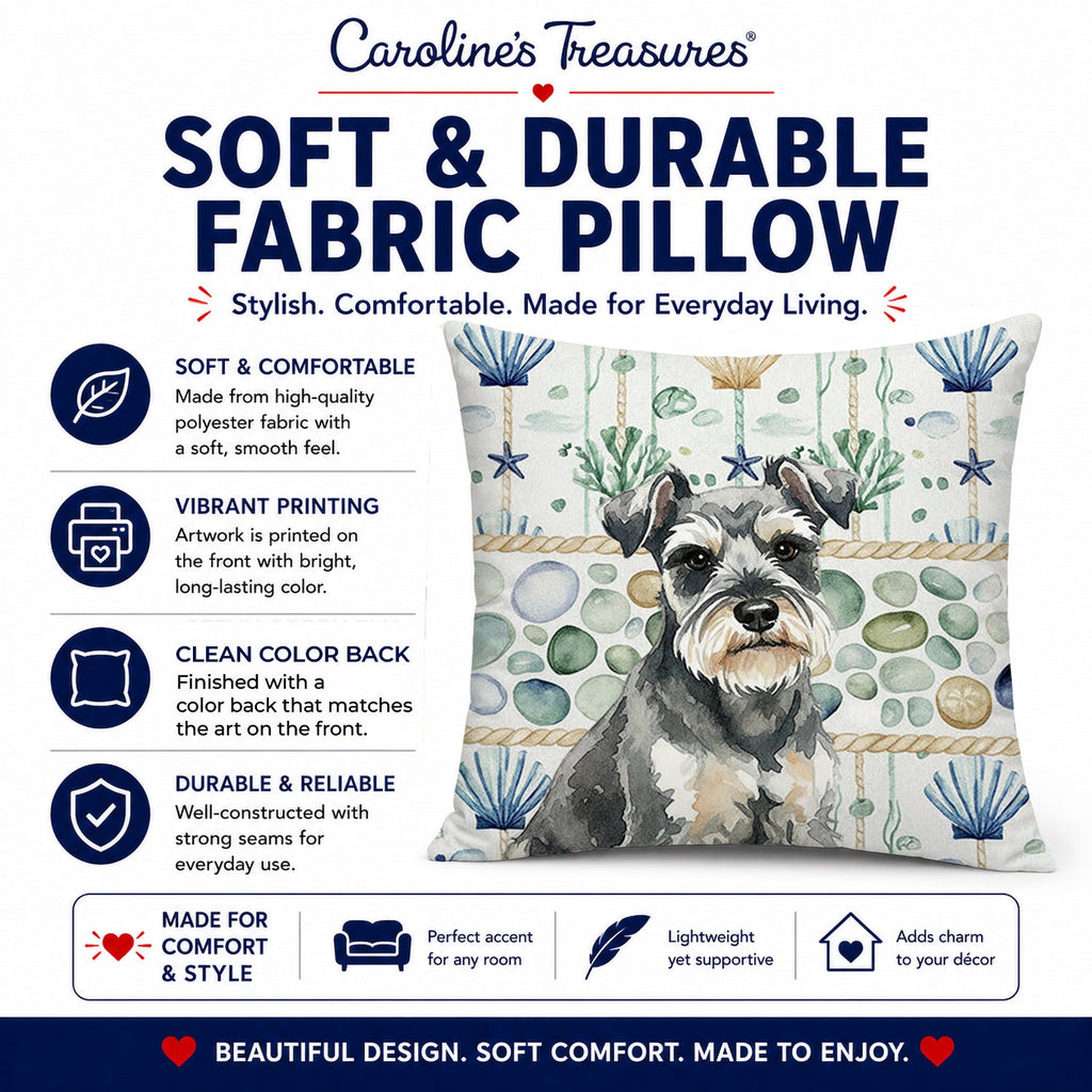 Miniature Schnauzer Coastal Sea Glass Decorative Throw Pillow 14x14 Indoor Outdoor Accent Cushion, Fabric Cover with Insert for Sofa, Bed, Porch & Living Room