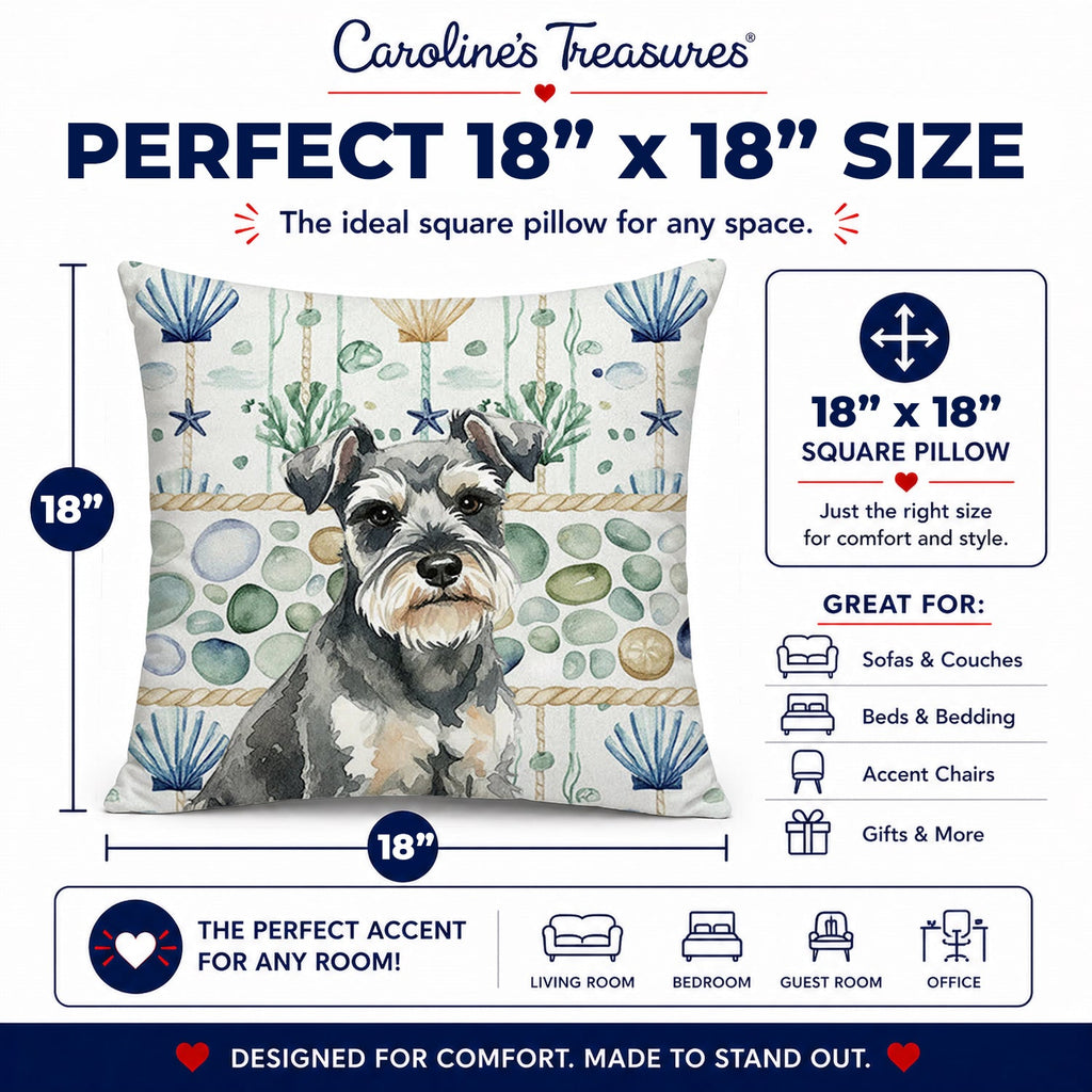 Miniature Schnauzer Coastal Sea Glass Decorative Throw Pillow 18x18 Indoor Outdoor Accent Cushion, Fabric Cover with Insert for Sofa, Bed, Porch & Living Room