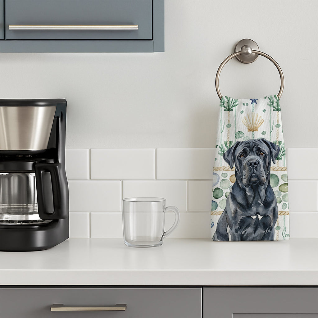 Black Neapolitan Mastiff Coastal Sea Glass Kitchen Towel Velour Plush Front and Cotton Loop Back Machine Washable