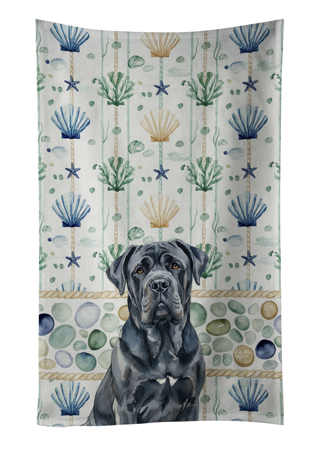 Black Neapolitan Mastiff Coastal Sea Glass Kitchen Towel Velour Plush Front and Cotton Loop Back Machine Washable