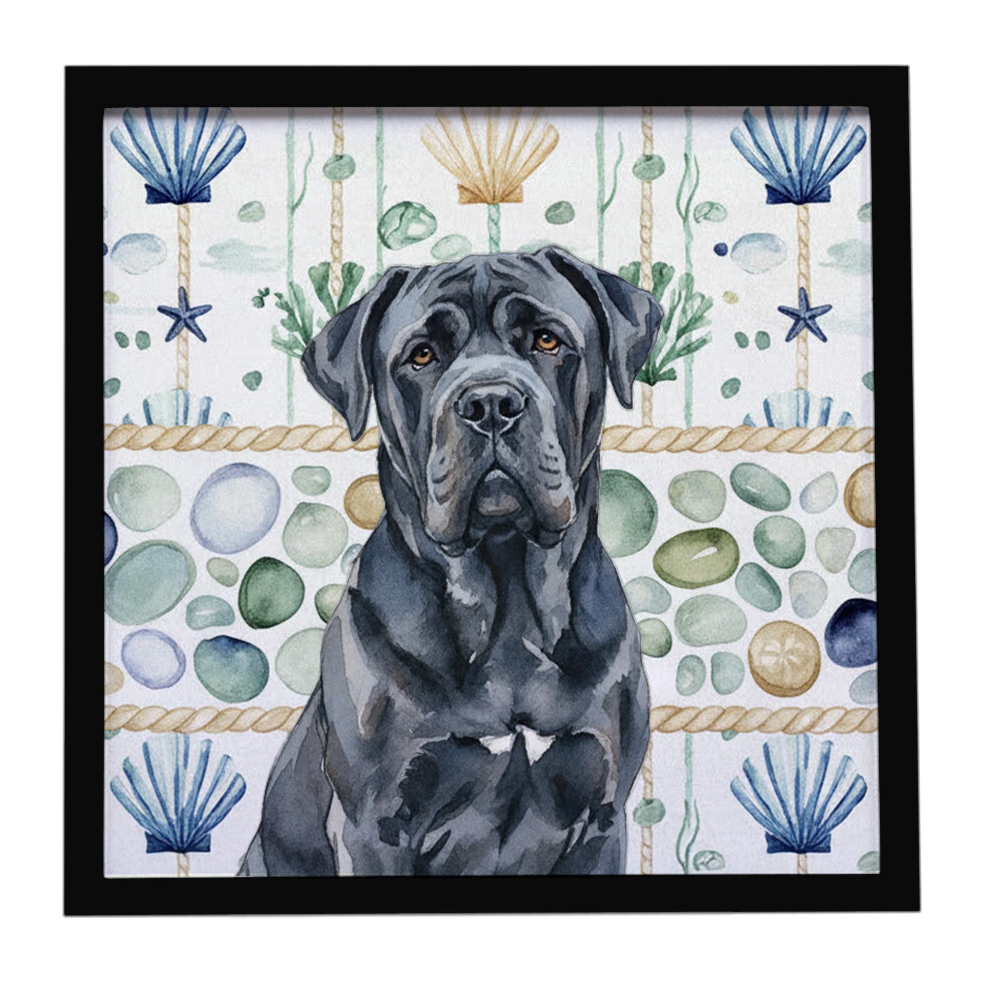 Black Neapolitan Mastiff Coastal Sea Glass Framed Metal Print Bathroom, Kitchen, Office, Home Decor Wall Art Ready to Hang, Square, 8X8