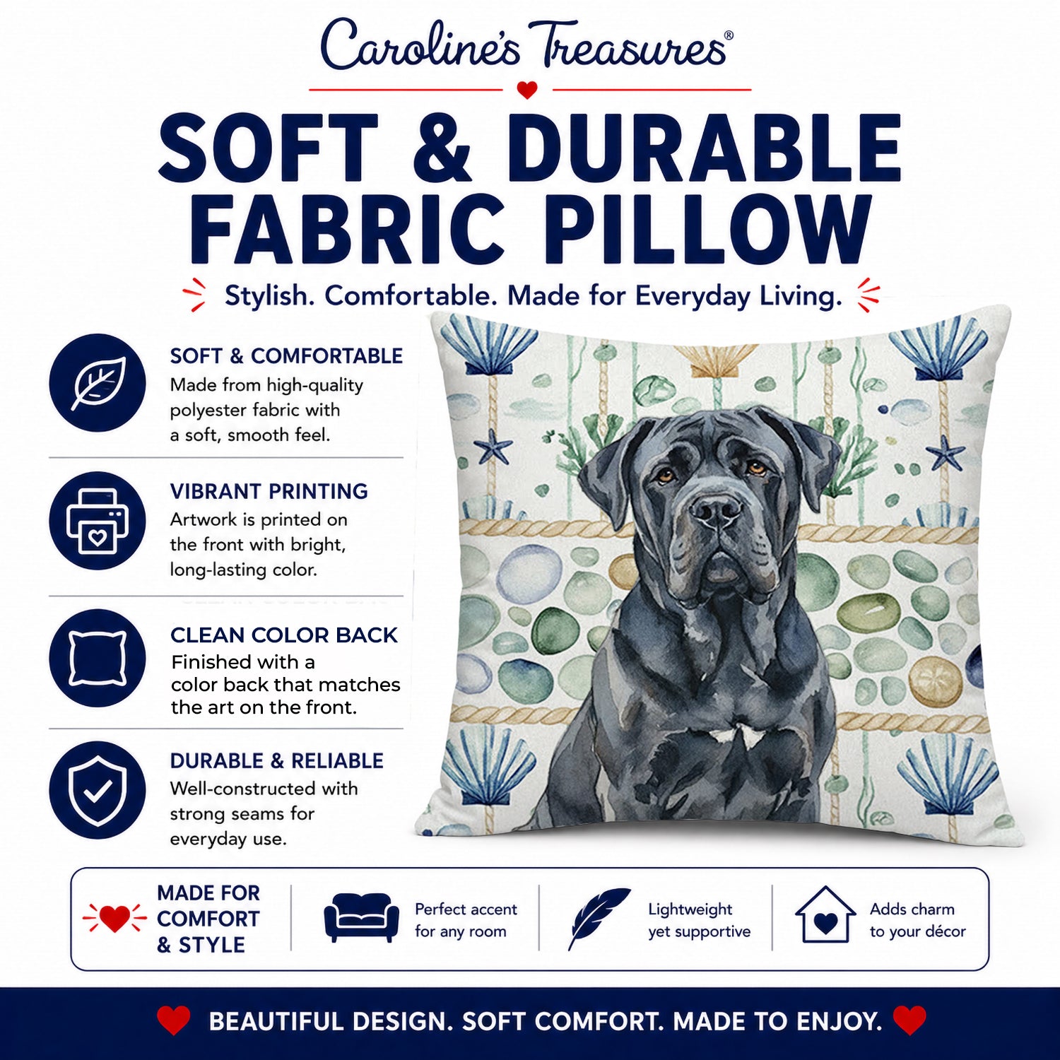 Black Neapolitan Mastiff Coastal Sea Glass Decorative Throw Pillow 14x14 Indoor Outdoor Accent Cushion, Fabric Cover with Insert for Sofa, Bed, Porch & Living Room