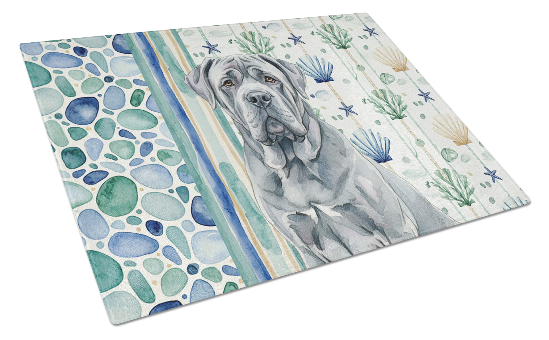 Blue Neapolitan Mastiff Coastal Sea Glass Cutting Board Tempered Glass Kitchen Cutting Surface, Heat Resistant Chopping, Non-Slip Feet, Food Prep & Serving