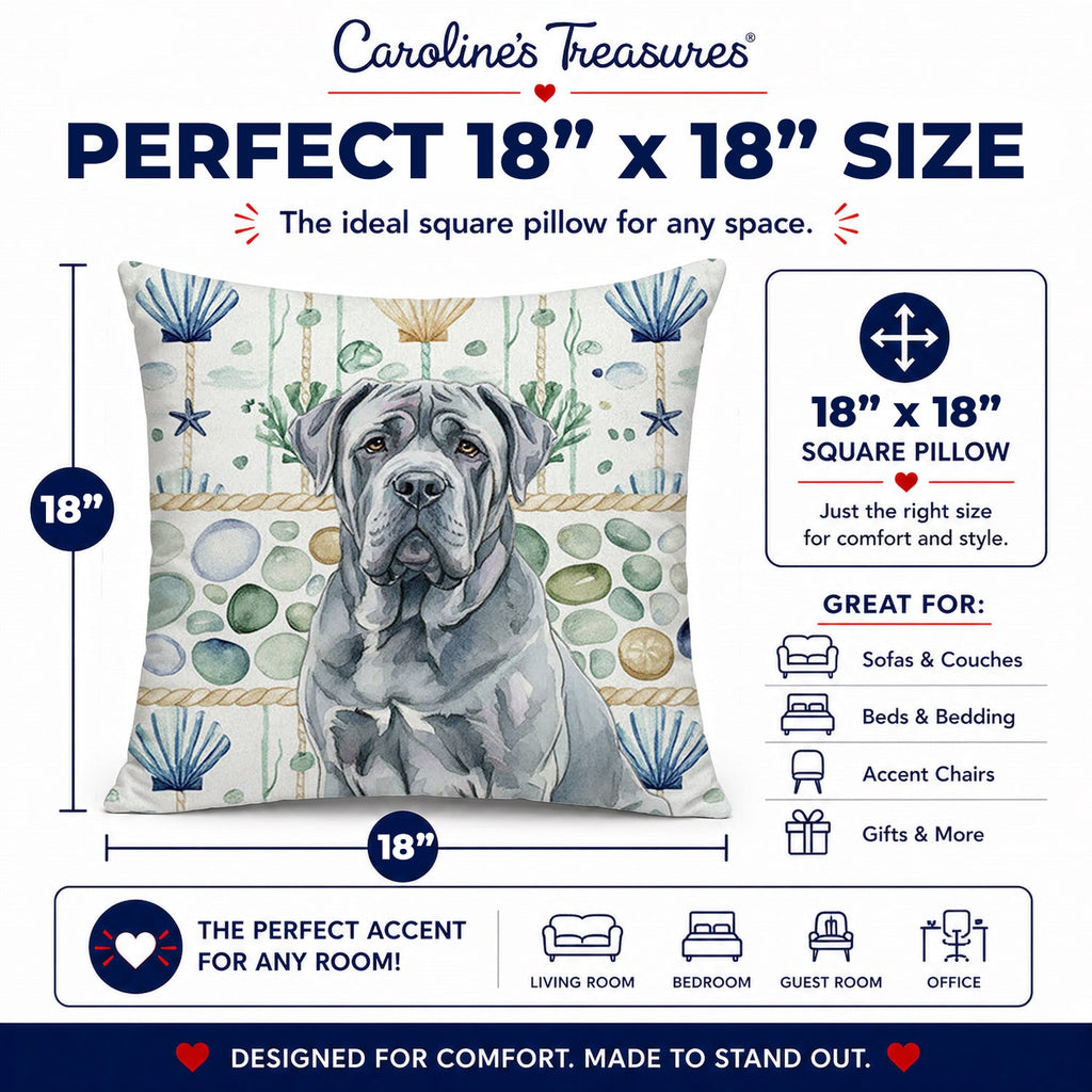 Blue Neapolitan Mastiff Coastal Sea Glass Decorative Throw Pillow 18x18 Indoor Outdoor Accent Cushion, Fabric Cover with Insert for Sofa, Bed, Porch & Living Room
