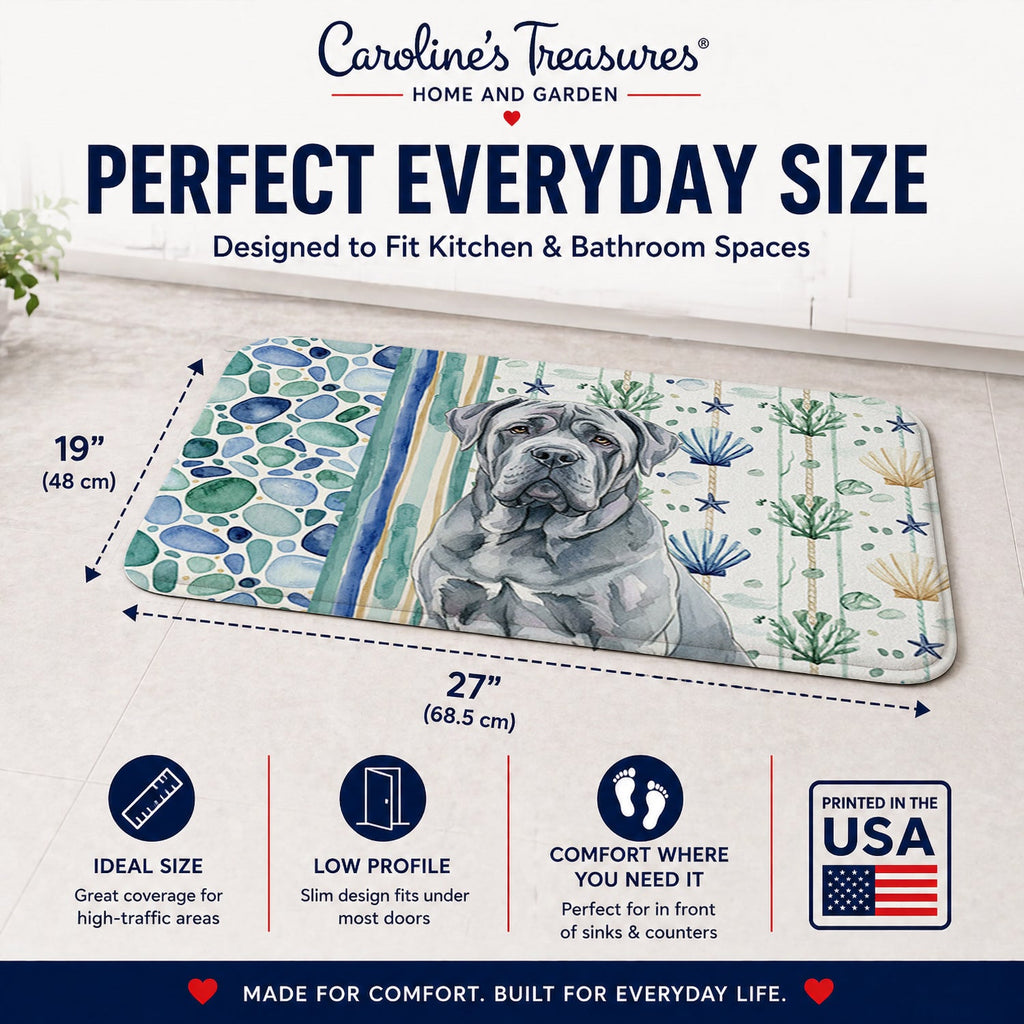 Blue Neapolitan Mastiff Coastal Sea Glass Memory Foam Kitchen Mat Machine Washable Anti-Fatigue Cushion Comfort Bath or Kitchen Rug