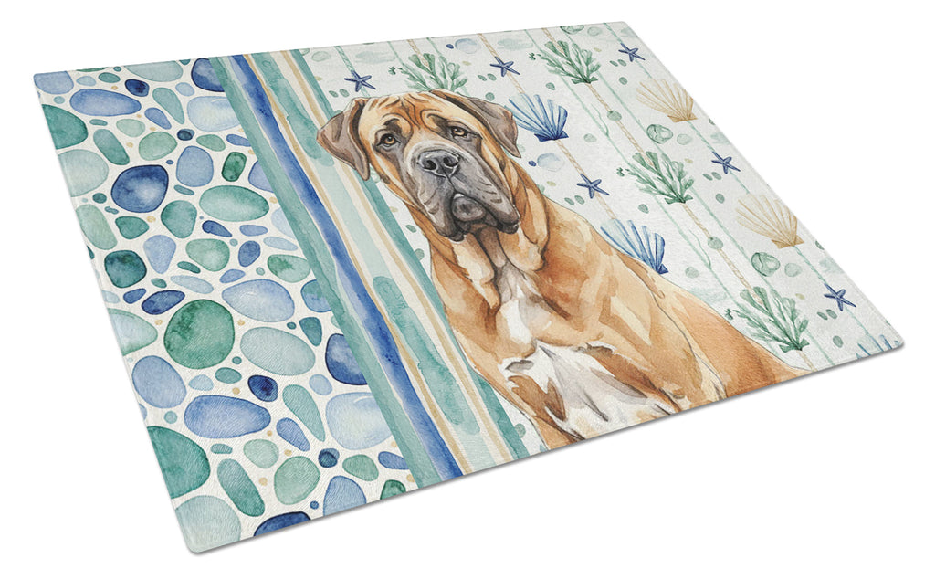 Neapolitan Mastiff Coastal Sea Glass Cutting Board Tempered Glass Kitchen Cutting Surface, Heat Resistant Chopping, Non-Slip Feet, Food Prep & Serving