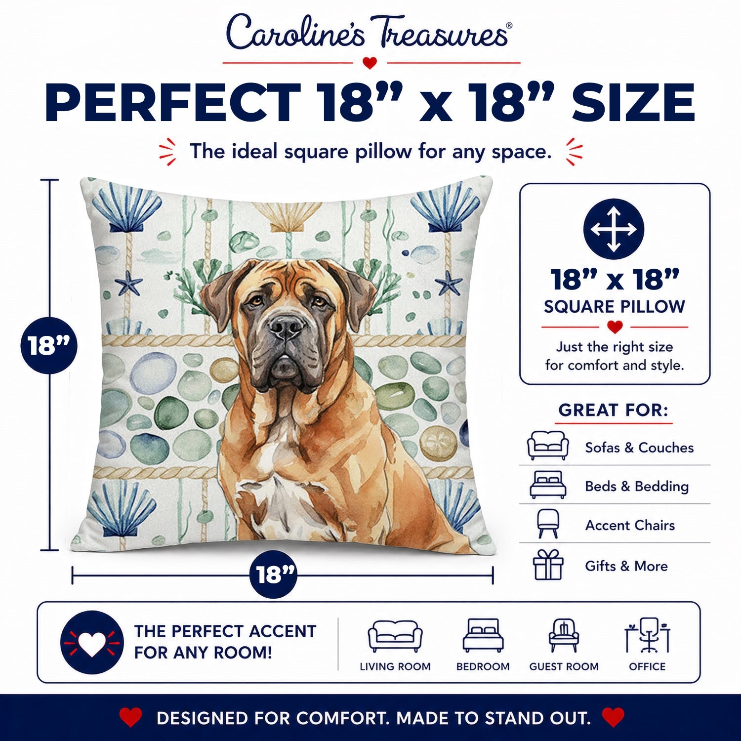 Neapolitan Mastiff Coastal Sea Glass Decorative Throw Pillow 18x18 Indoor Outdoor Accent Cushion, Fabric Cover with Insert for Sofa, Bed, Porch & Living Room
