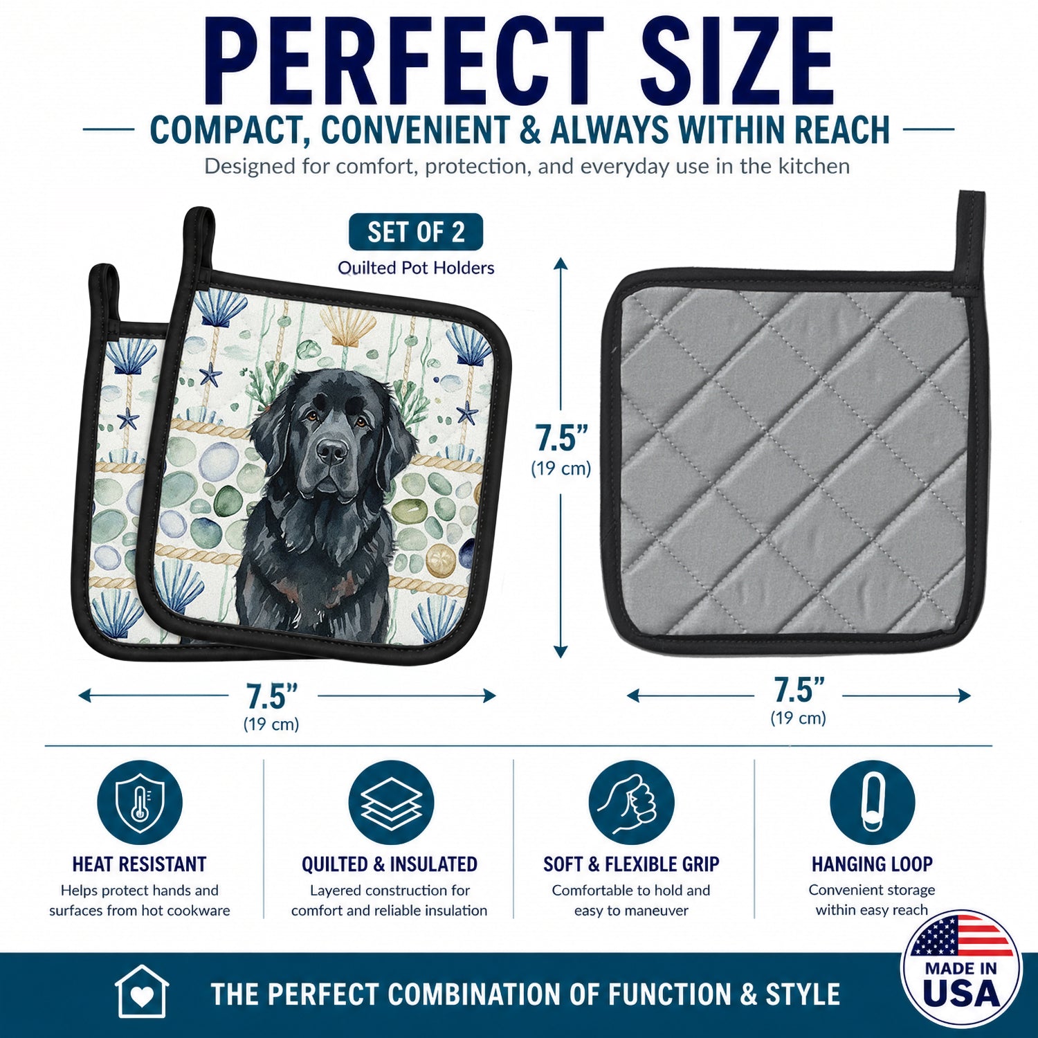 Black Newfoundland Coastal Sea Glass Pot Holder Set of 2 Heat Resistant Quilted Hot Pads 7.5 x 7.5 Inch, Insulated Kitchen Trivets for Cooking & Baking