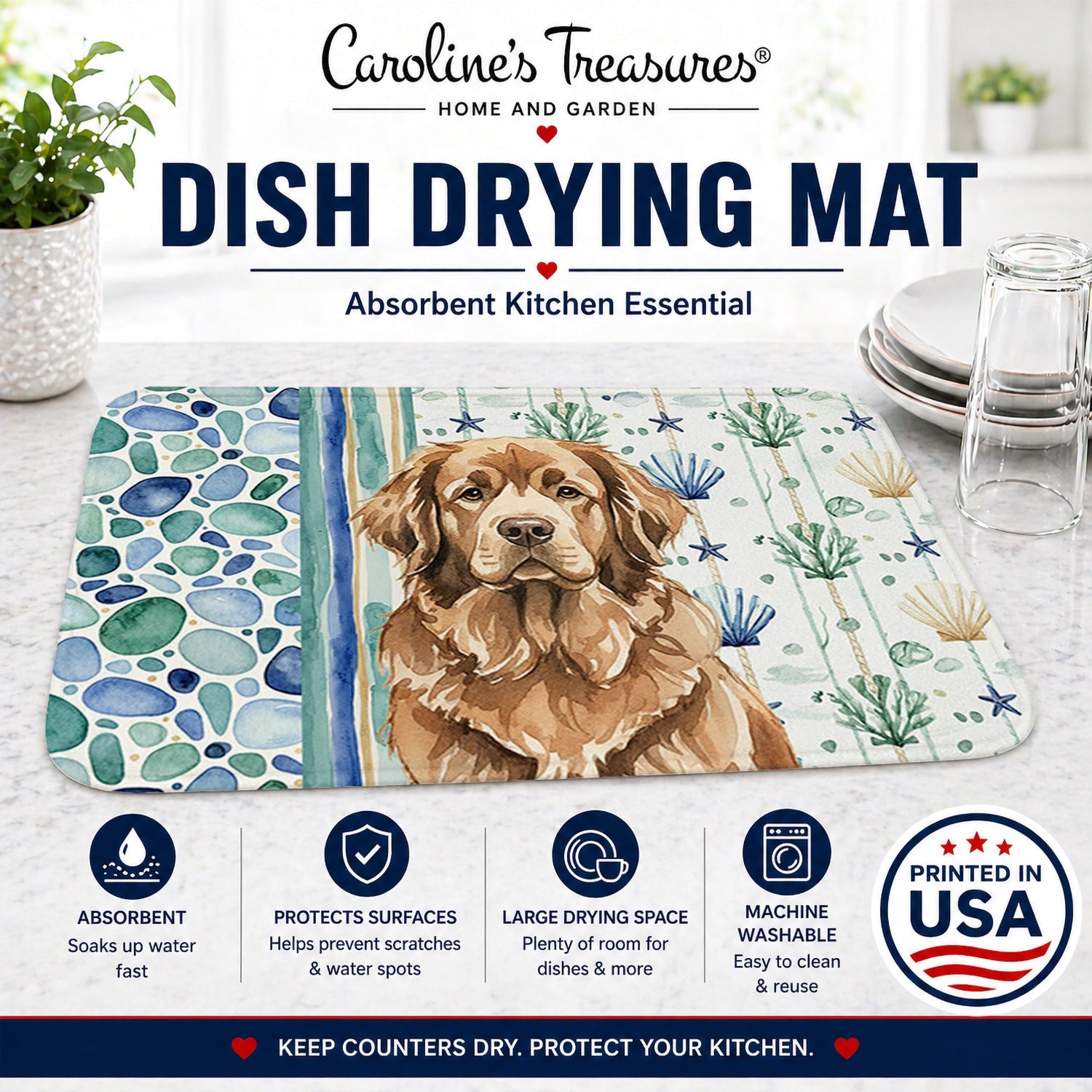 Brown Newfoundland Coastal Sea Glass Dish Drying Mat Absorbent Dish Drying Mat Pad for Kitchen Counter Dish Drainer Mat for Countertop, 14 x 21", Multicolor