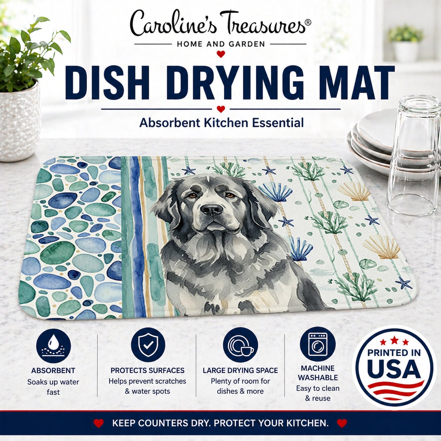 Gray Newfoundland Coastal Sea Glass Dish Drying Mat Absorbent Dish Drying Mat Pad for Kitchen Counter Dish Drainer Mat for Countertop, 14 x 21", Multicolor
