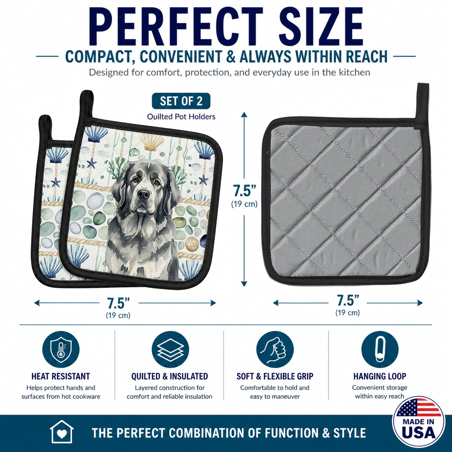 Gray Newfoundland Coastal Sea Glass Pot Holder Set of 2 Heat Resistant Quilted Hot Pads 7.5 x 7.5 Inch, Insulated Kitchen Trivets for Cooking & Baking