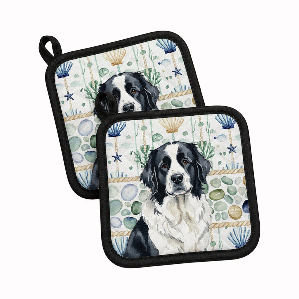 Landseer Newfoundland Coastal Sea Glass Pot Holder Set of 2 Heat Resistant Quilted Hot Pads 7.5 x 7.5 Inch, Insulated Kitchen Trivets for Cooking & Baking