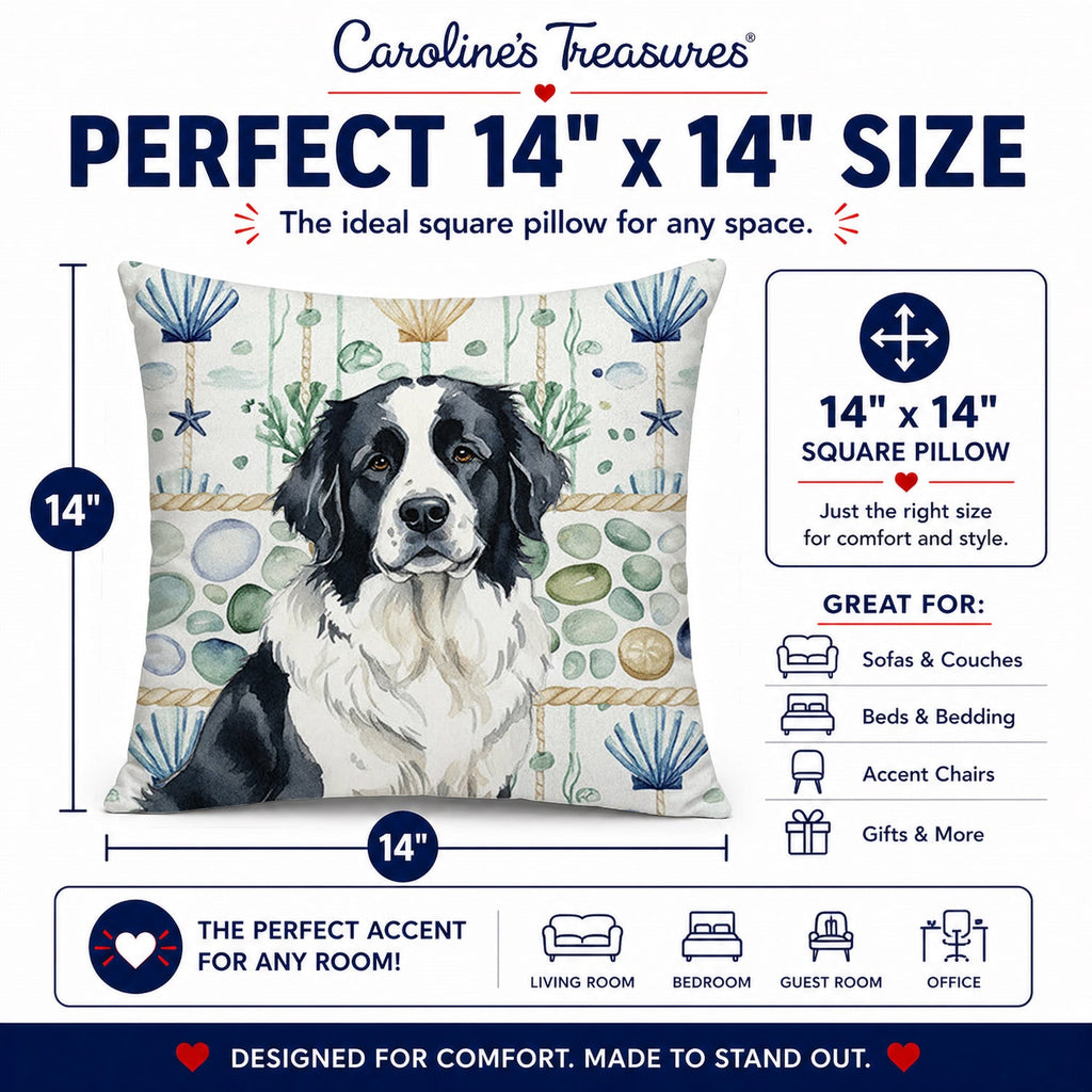 Landseer Newfoundland Coastal Sea Glass Decorative Throw Pillow 14x14 Indoor Outdoor Accent Cushion, Fabric Cover with Insert for Sofa, Bed, Porch & Living Room