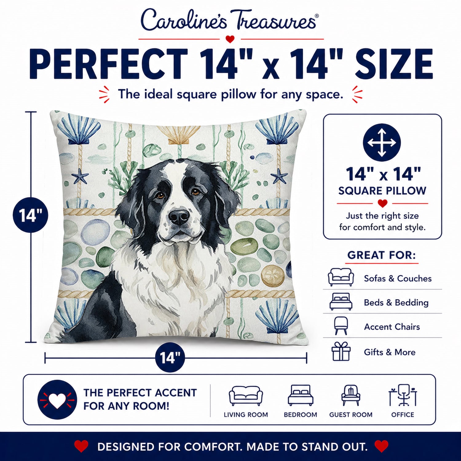 Landseer Newfoundland Coastal Sea Glass Decorative Throw Pillow 14x14 Indoor Outdoor Accent Cushion, Fabric Cover with Insert for Sofa, Bed, Porch & Living Room