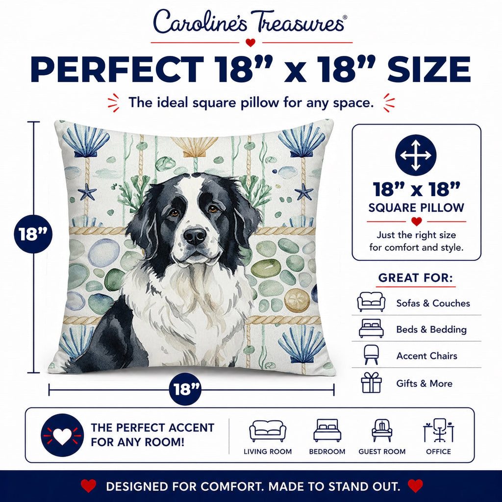 Landseer Newfoundland Coastal Sea Glass Decorative Throw Pillow 18x18 Indoor Outdoor Accent Cushion, Fabric Cover with Insert for Sofa, Bed, Porch & Living Room