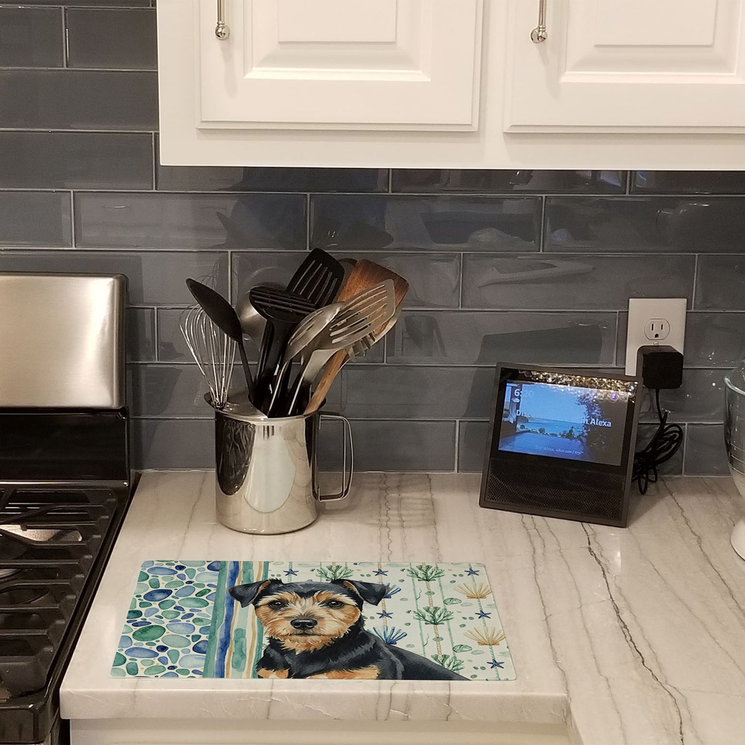 Black and Tan Norfolk Terrier Coastal Sea Glass Cutting Board Tempered Glass Kitchen Cutting Surface, Heat Resistant Chopping, Non-Slip Feet, Food Prep & Serving