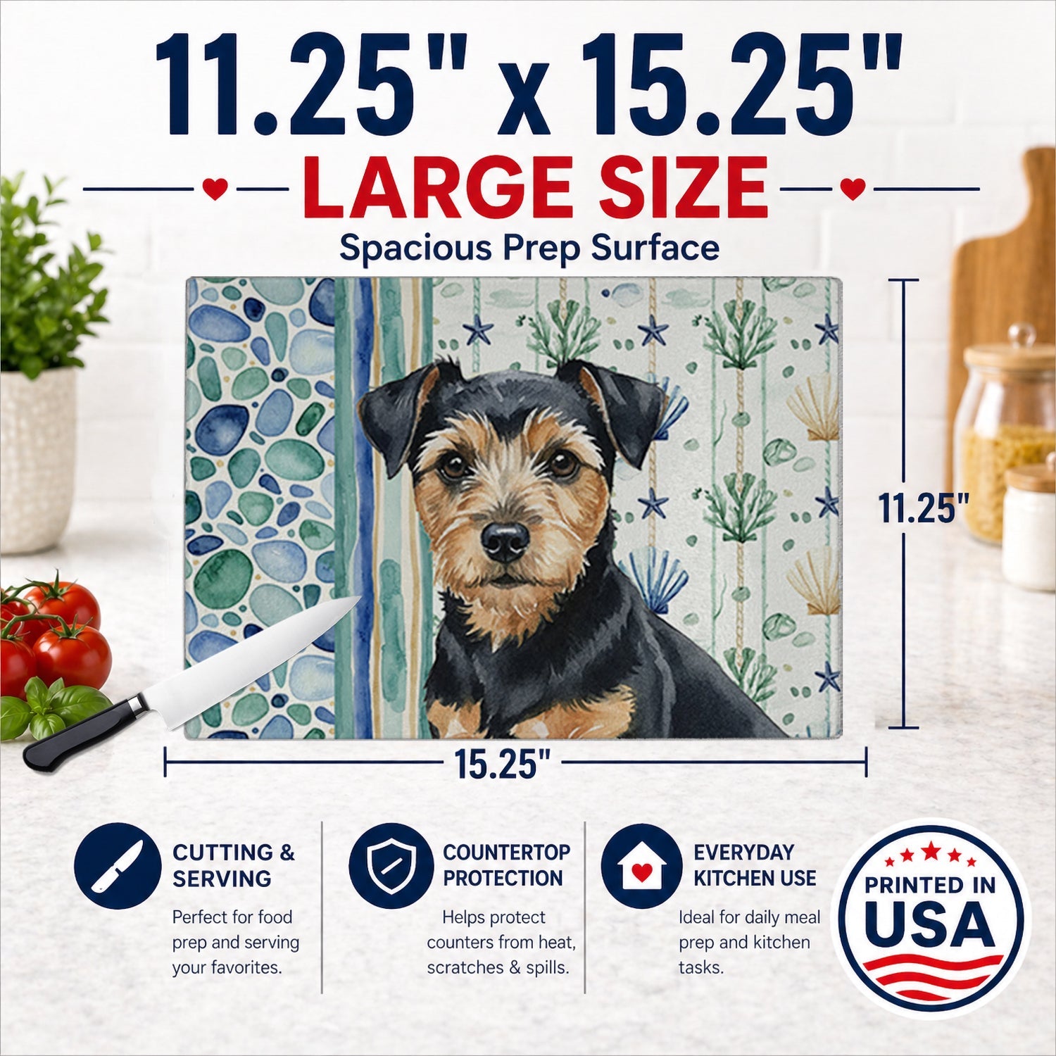 Black and Tan Norfolk Terrier Coastal Sea Glass Cutting Board Tempered Glass Kitchen Cutting Surface, Heat Resistant Chopping, Non-Slip Feet, Food Prep & Serving
