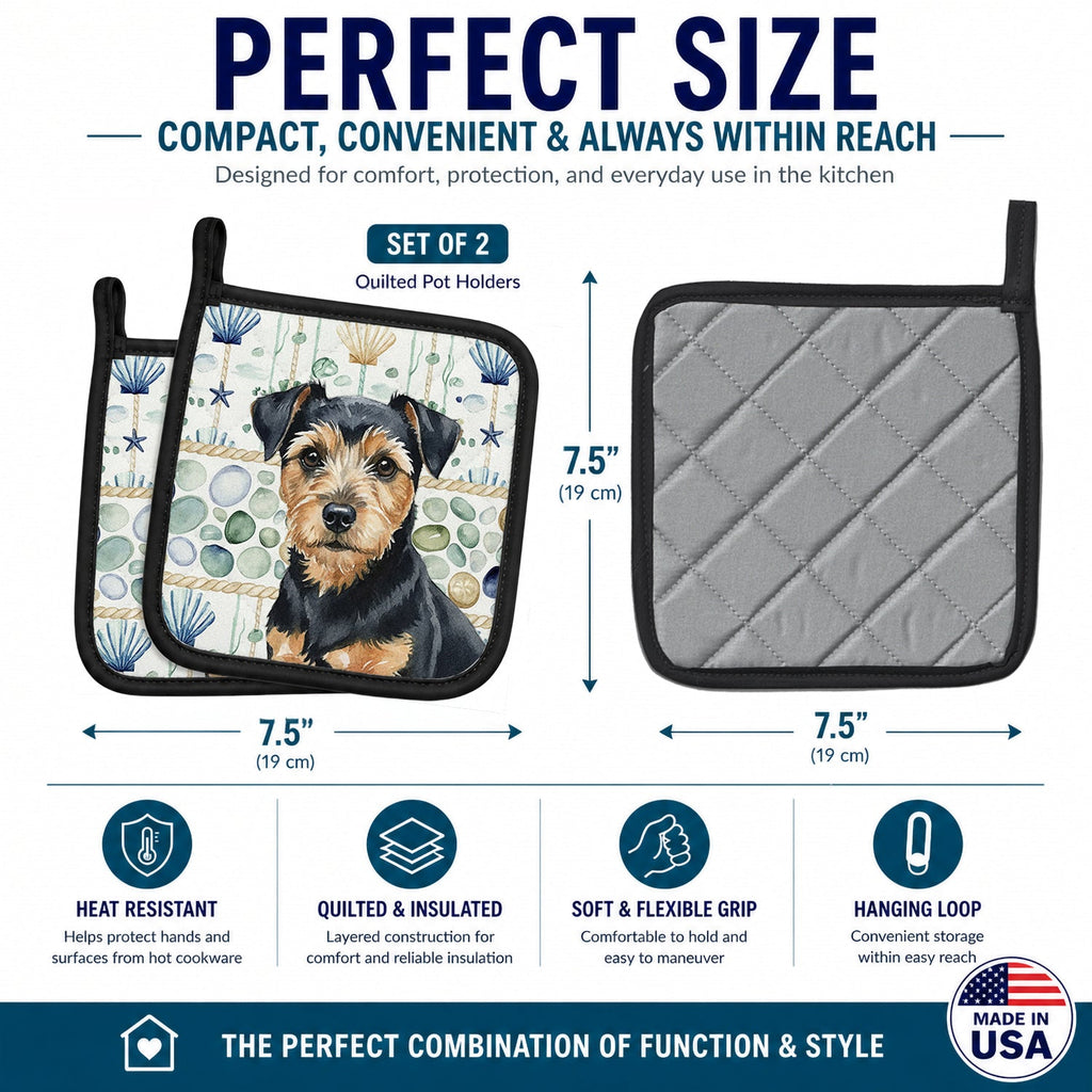 Black and Tan Norfolk Terrier Coastal Sea Glass Pot Holder Set of 2 Heat Resistant Quilted Hot Pads 7.5 x 7.5 Inch, Insulated Kitchen Trivets for Cooking & Baking