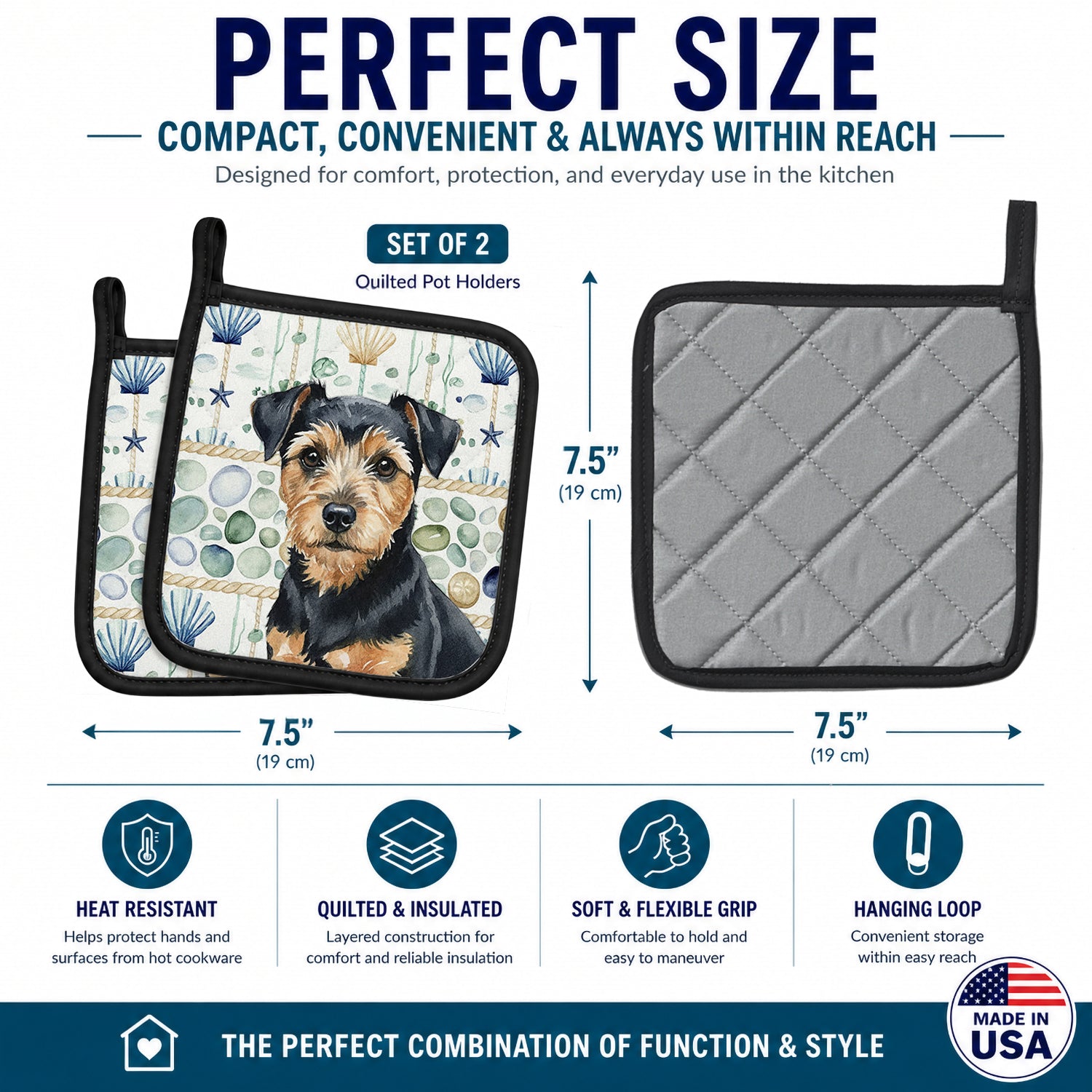Black and Tan Norfolk Terrier Coastal Sea Glass Pot Holder Set of 2 Heat Resistant Quilted Hot Pads 7.5 x 7.5 Inch, Insulated Kitchen Trivets for Cooking & Baking