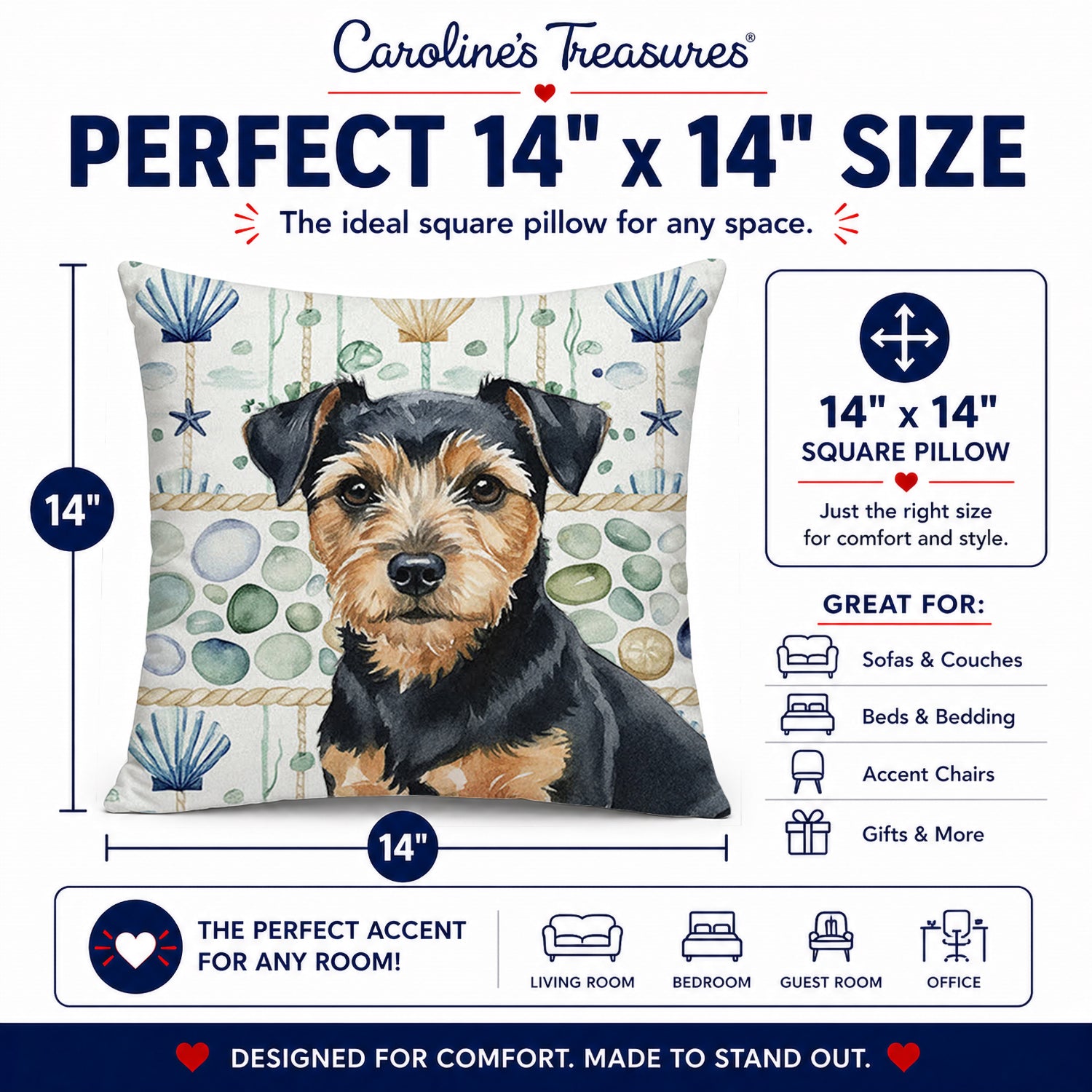 Black and Tan Norfolk Terrier Coastal Sea Glass Decorative Throw Pillow 14x14 Indoor Outdoor Accent Cushion, Fabric Cover with Insert for Sofa, Bed, Porch & Living Room