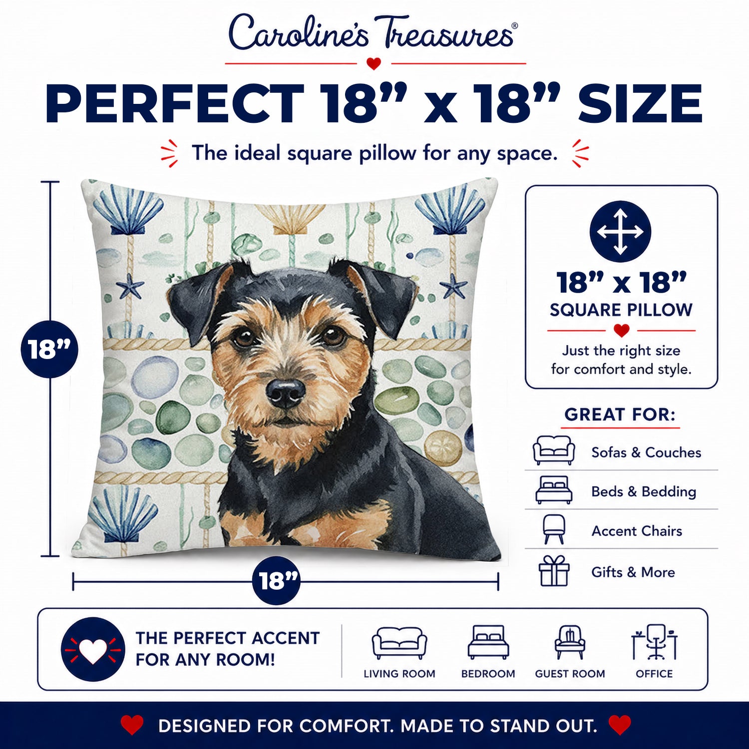 Black and Tan Norfolk Terrier Coastal Sea Glass Decorative Throw Pillow 18x18 Indoor Outdoor Accent Cushion, Fabric Cover with Insert for Sofa, Bed, Porch & Living Room