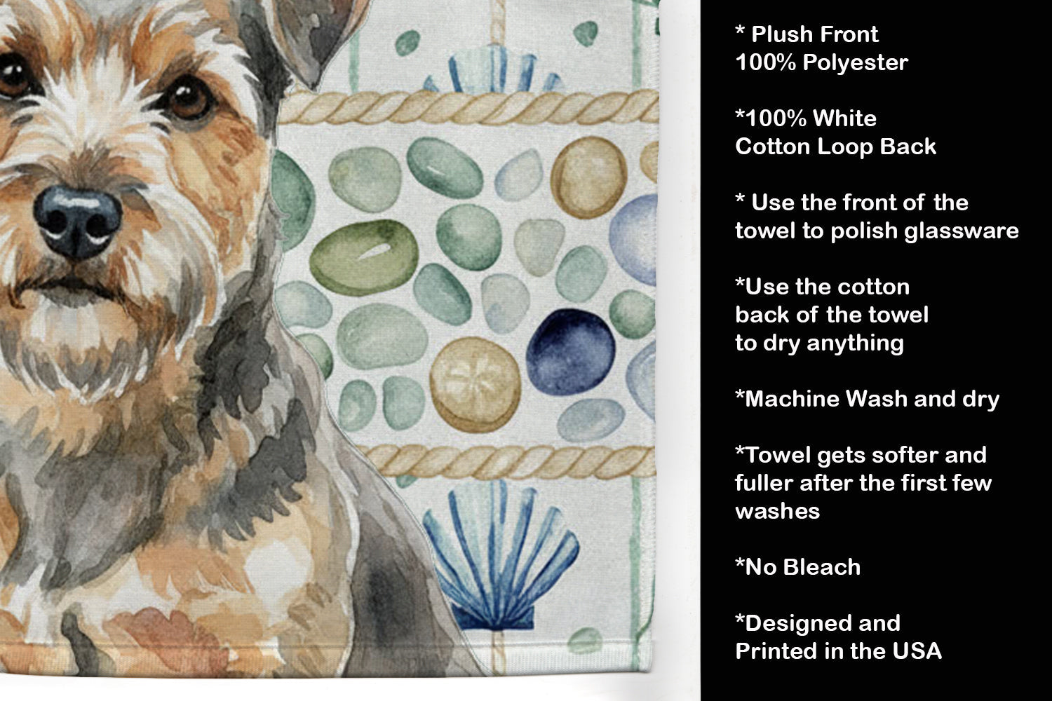 Grizzle and Tan Norfolk Terrier Coastal Sea Glass Kitchen Towel Velour Plush Front and Cotton Loop Back Machine Washable