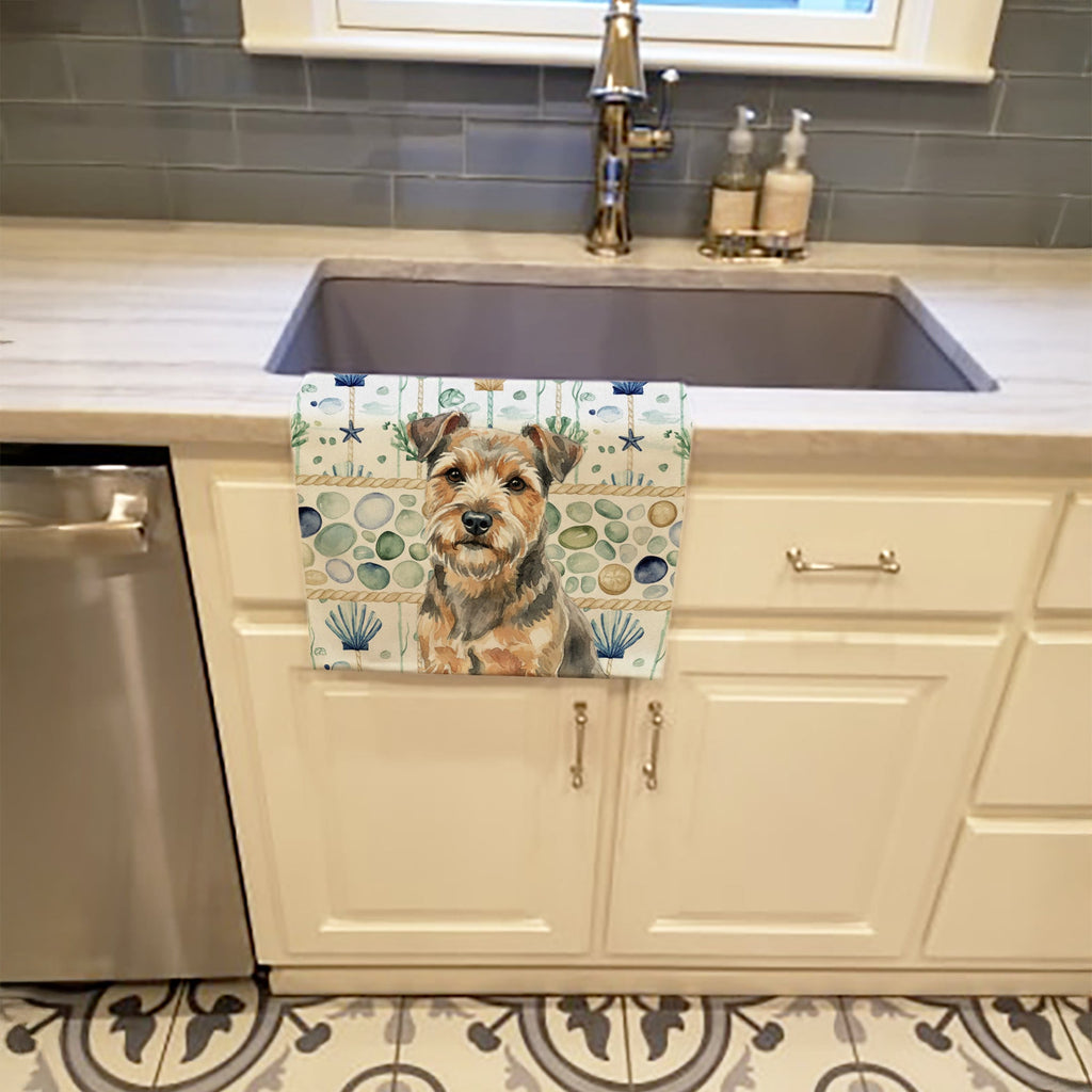 Grizzle and Tan Norfolk Terrier Coastal Sea Glass Kitchen Towel Velour Plush Front and Cotton Loop Back Machine Washable