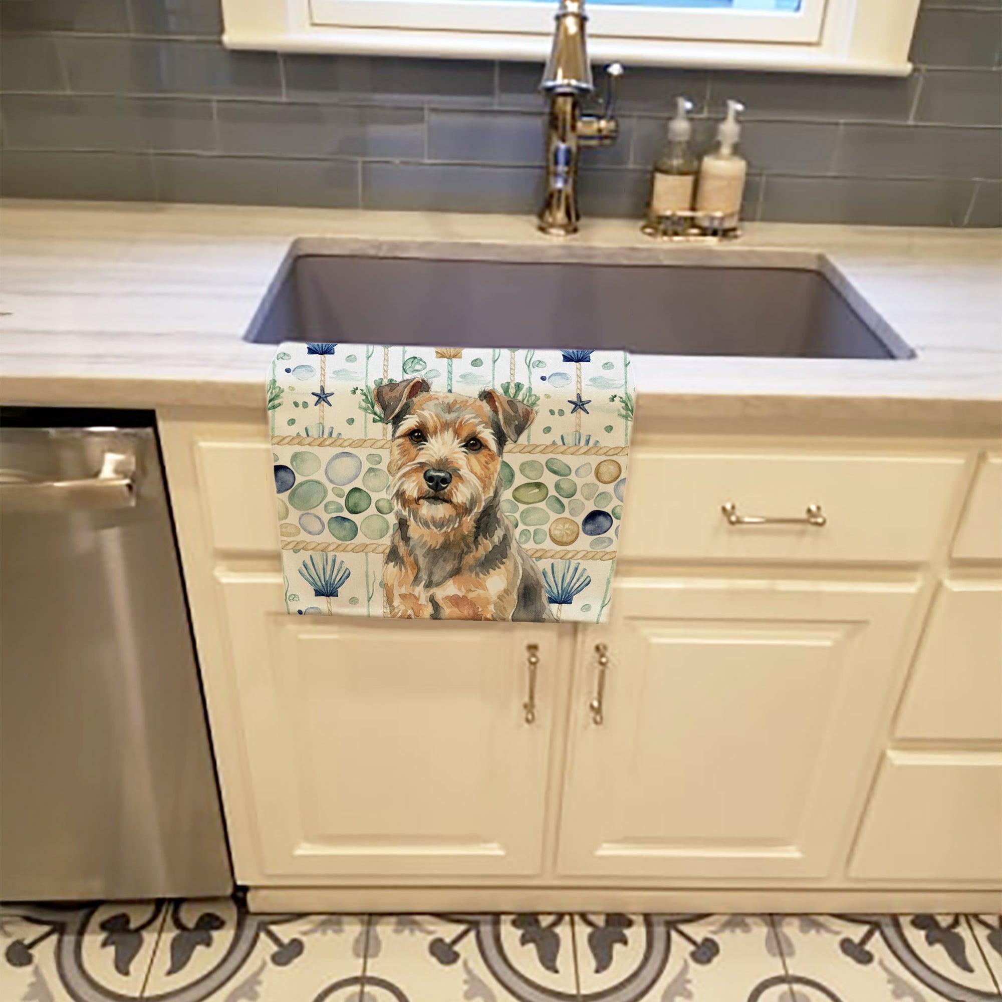 Grizzle and Tan Norfolk Terrier Coastal Sea Glass Kitchen Towel Velour Plush Front and Cotton Loop Back Machine Washable