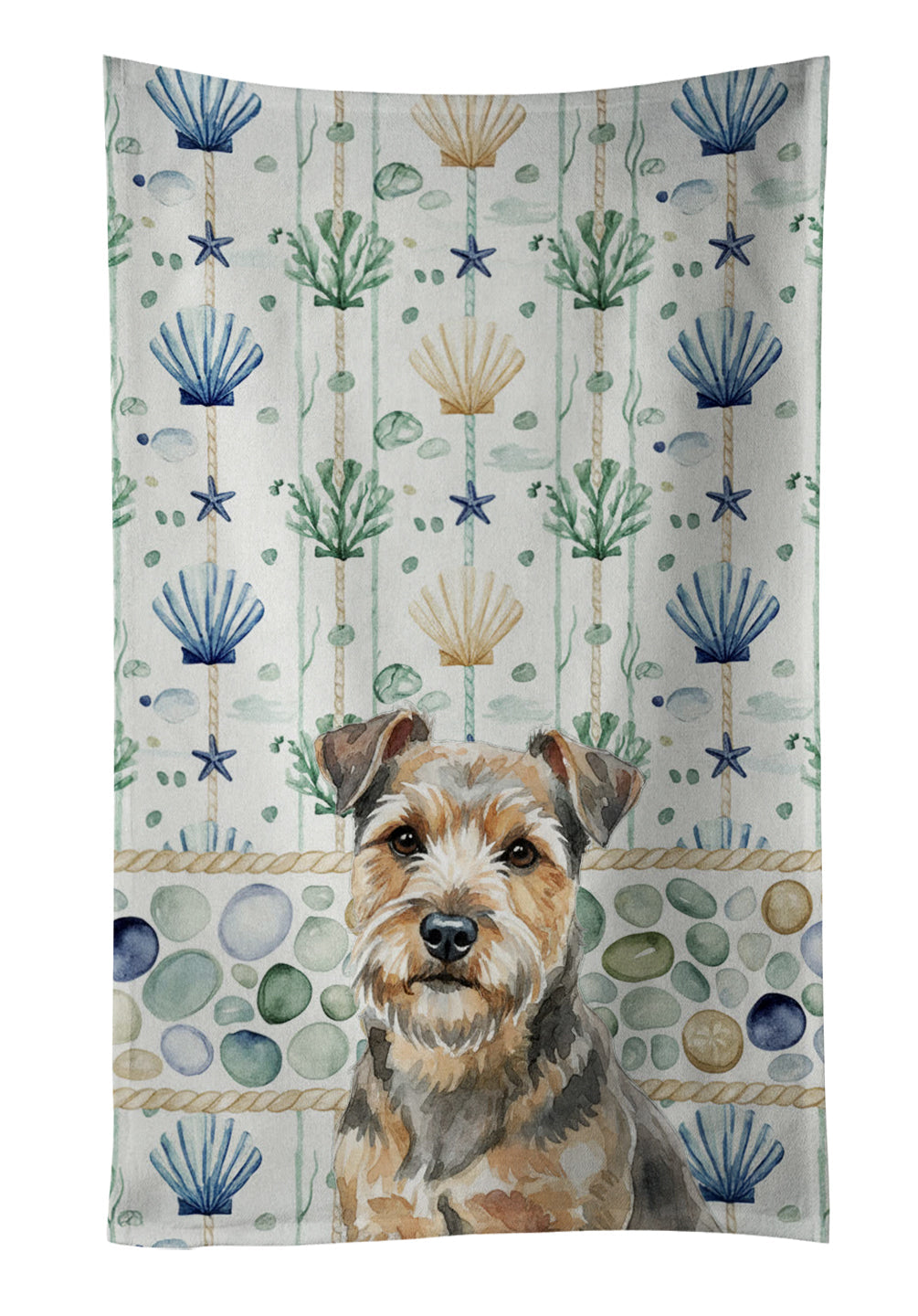 Grizzle and Tan Norfolk Terrier Coastal Sea Glass Kitchen Towel Velour Plush Front and Cotton Loop Back Machine Washable