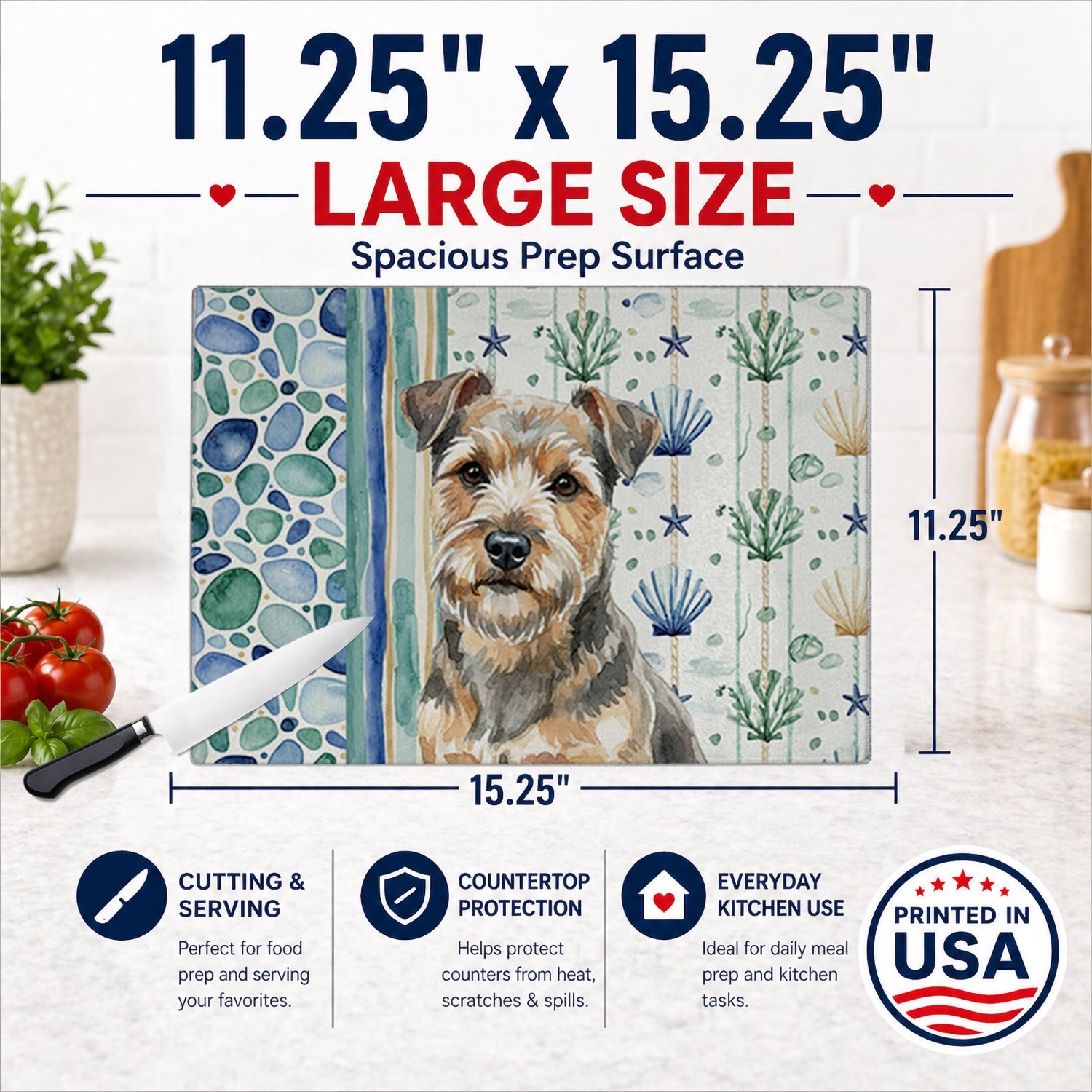 Grizzle and Tan Norfolk Terrier Coastal Sea Glass Cutting Board Tempered Glass Kitchen Cutting Surface, Heat Resistant Chopping, Non-Slip Feet, Food Prep & Serving