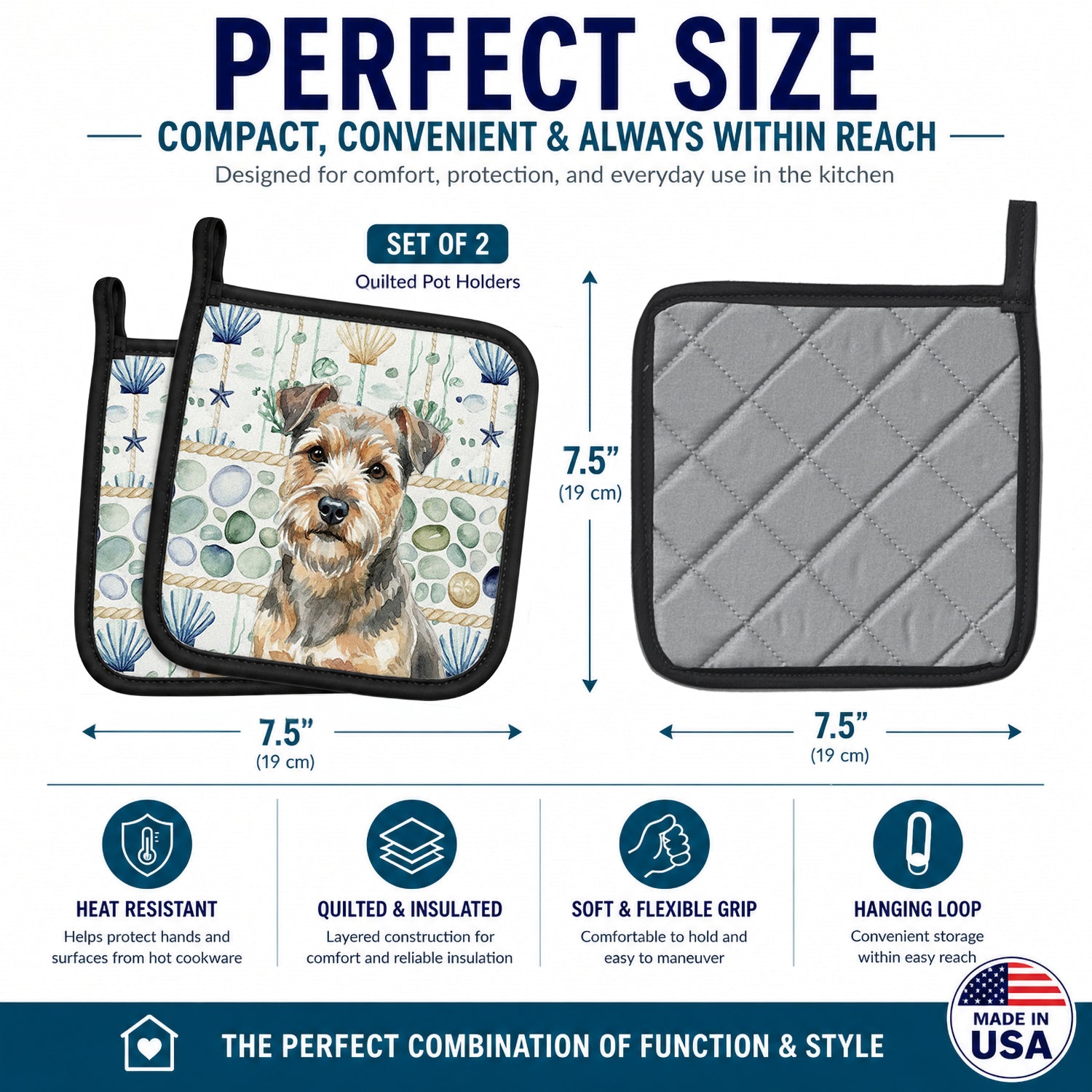 Grizzle and Tan Norfolk Terrier Coastal Sea Glass Pot Holder Set of 2 Heat Resistant Quilted Hot Pads 7.5 x 7.5 Inch, Insulated Kitchen Trivets for Cooking & Baking
