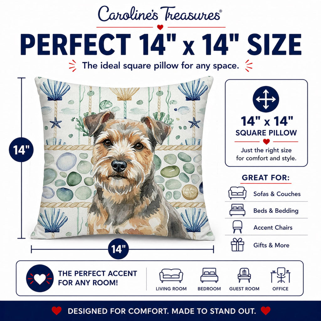Grizzle and Tan Norfolk Terrier Coastal Sea Glass Decorative Throw Pillow 14x14 Indoor Outdoor Accent Cushion, Fabric Cover with Insert for Sofa, Bed, Porch & Living Room