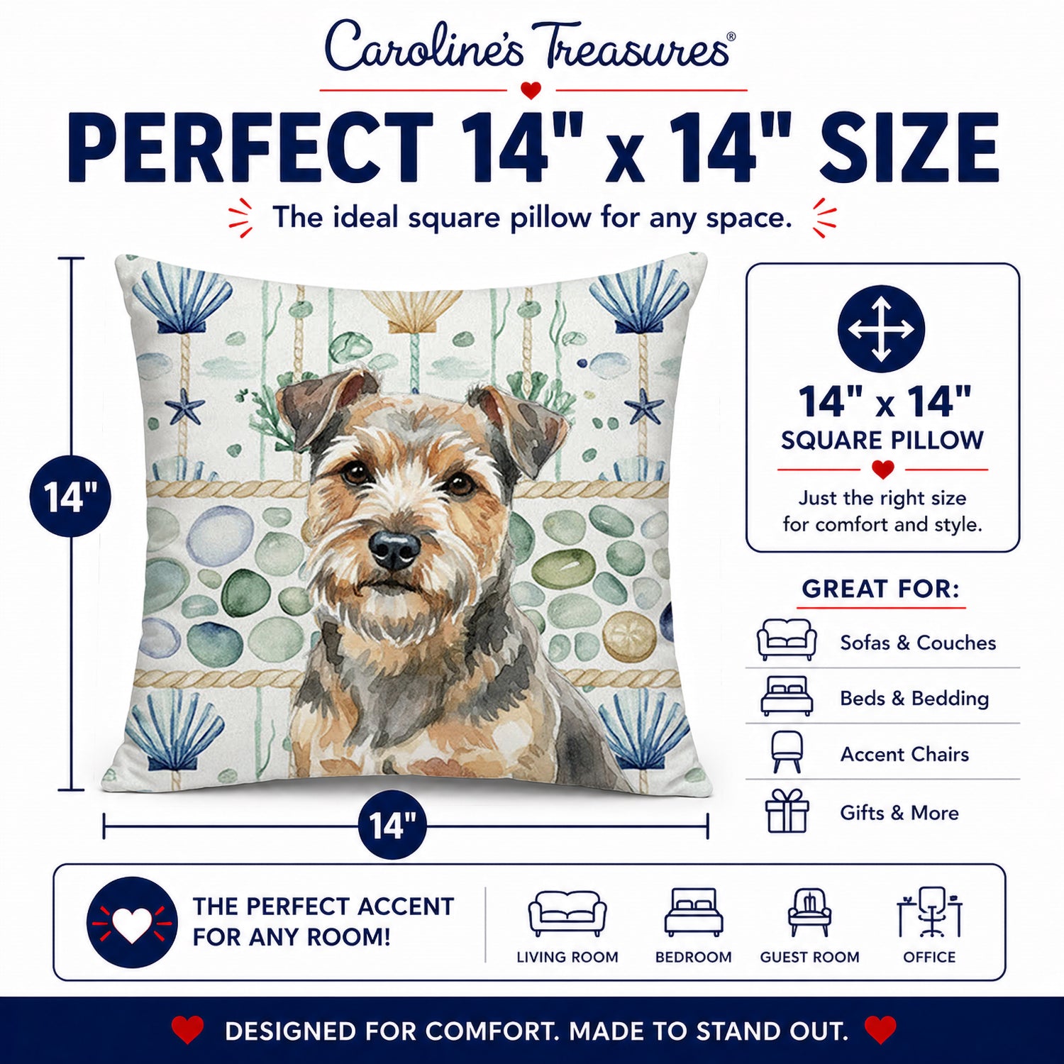 Grizzle and Tan Norfolk Terrier Coastal Sea Glass Decorative Throw Pillow 14x14 Indoor Outdoor Accent Cushion, Fabric Cover with Insert for Sofa, Bed, Porch & Living Room