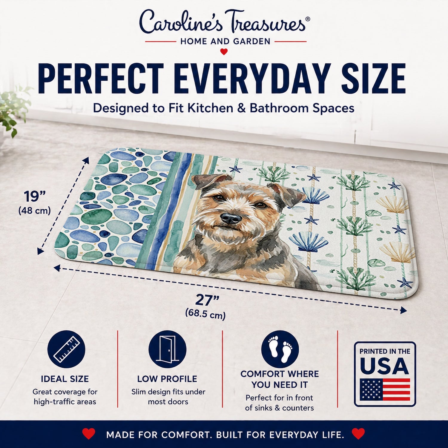 Grizzle and Tan Norfolk Terrier Coastal Sea Glass Memory Foam Kitchen Mat Machine Washable Anti-Fatigue Cushion Comfort Bath or Kitchen Rug