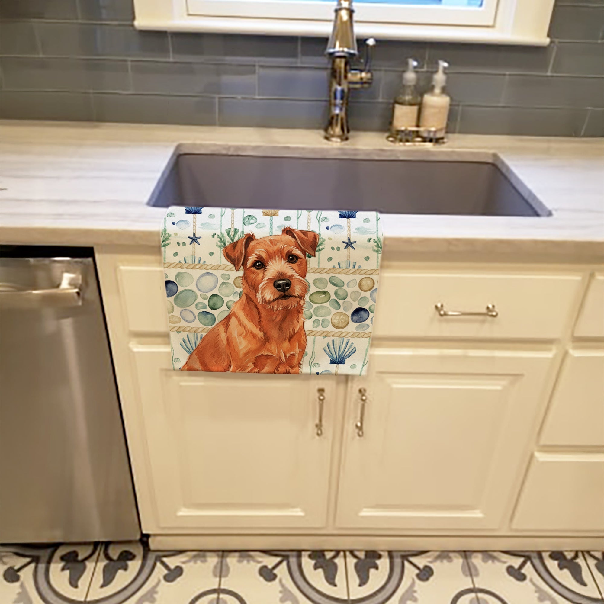 Red Norfolk Terrier Coastal Sea Glass Kitchen Towel Velour Plush Front and Cotton Loop Back Machine Washable