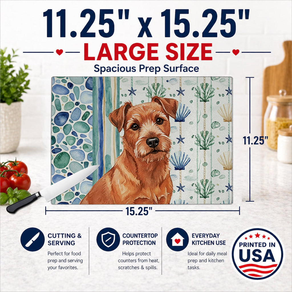 Red Norfolk Terrier Coastal Sea Glass Cutting Board Tempered Glass Kitchen Cutting Surface, Heat Resistant Chopping, Non-Slip Feet, Food Prep & Serving