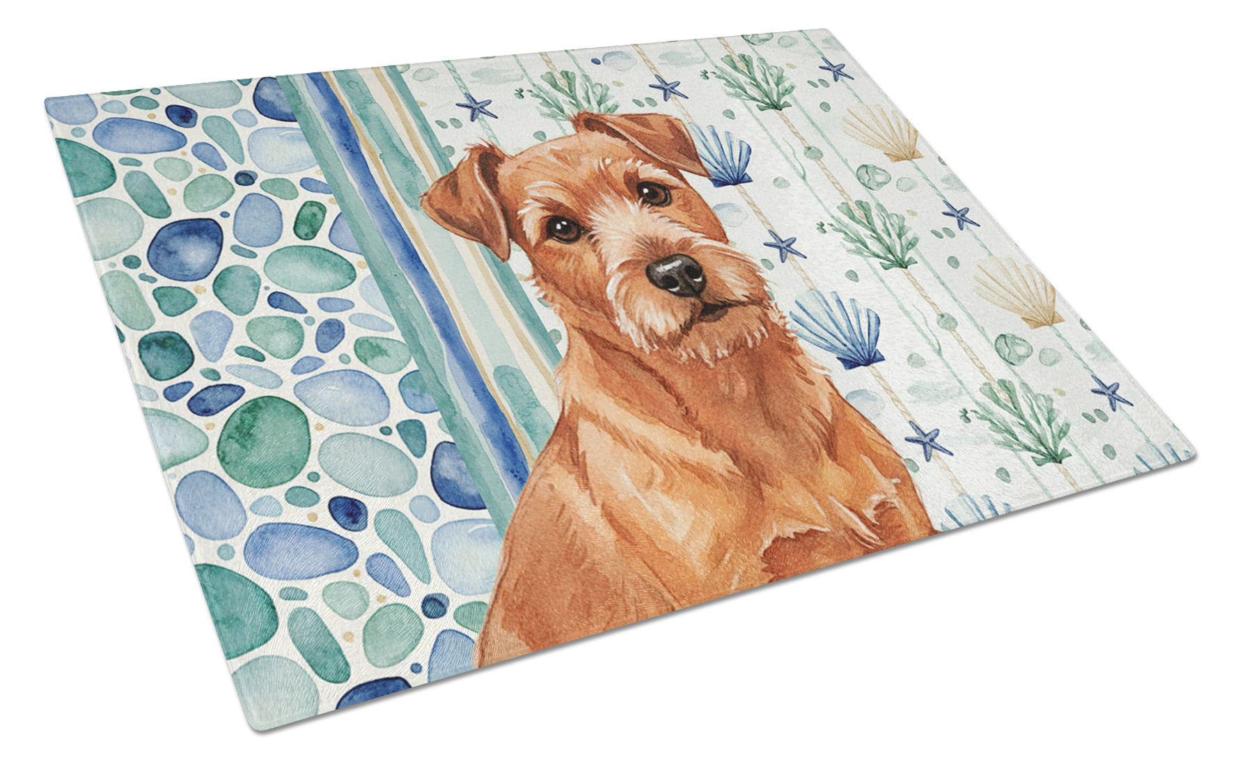 Red Norfolk Terrier Coastal Sea Glass Cutting Board Tempered Glass Kitchen Cutting Surface, Heat Resistant Chopping, Non-Slip Feet, Food Prep & Serving
