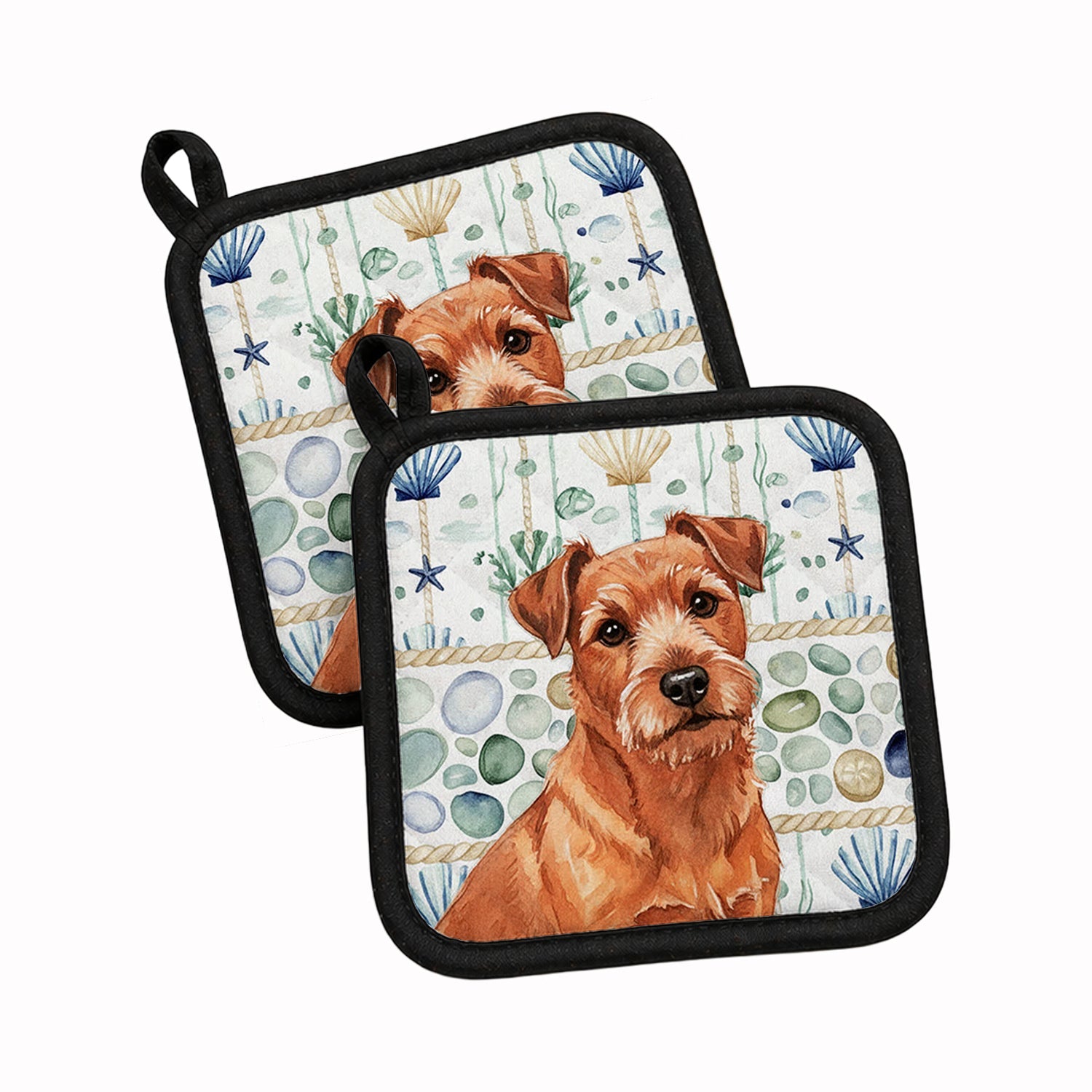 Red Norfolk Terrier Coastal Sea Glass Pot Holder Set of 2 Heat Resistant Quilted Hot Pads 7.5 x 7.5 Inch, Insulated Kitchen Trivets for Cooking & Baking
