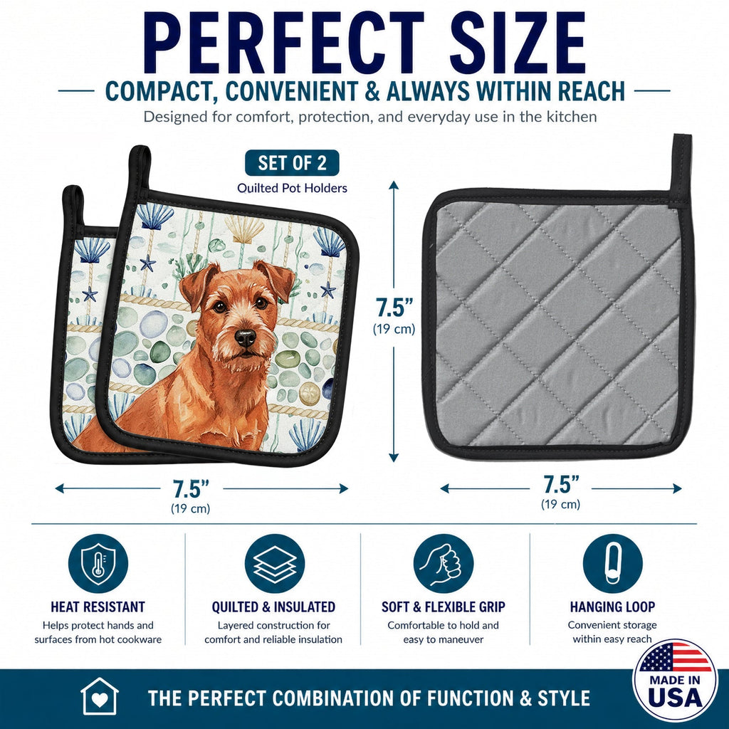Red Norfolk Terrier Coastal Sea Glass Pot Holder Set of 2 Heat Resistant Quilted Hot Pads 7.5 x 7.5 Inch, Insulated Kitchen Trivets for Cooking & Baking