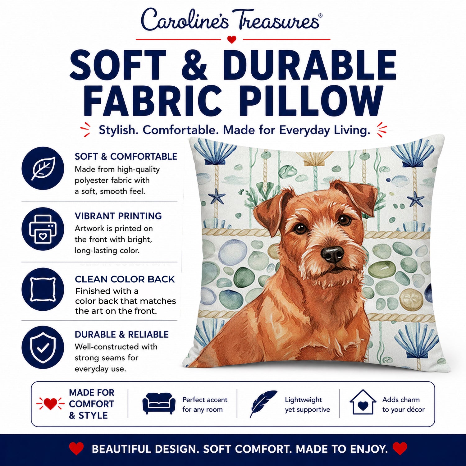 Red Norfolk Terrier Coastal Sea Glass Decorative Throw Pillow 18x18 Indoor Outdoor Accent Cushion, Fabric Cover with Insert for Sofa, Bed, Porch & Living Room