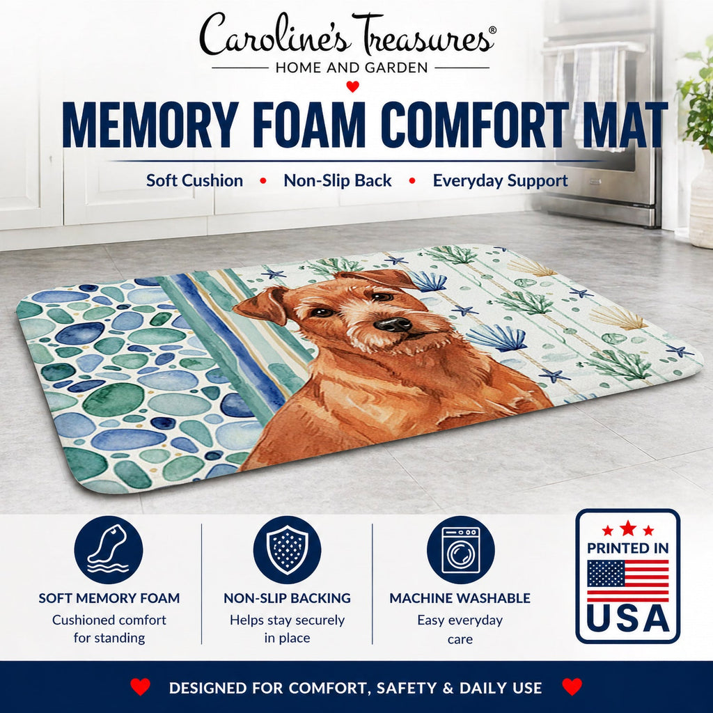 Red Norfolk Terrier Coastal Sea Glass Memory Foam Kitchen Mat Machine Washable Anti-Fatigue Cushion Comfort Bath or Kitchen Rug