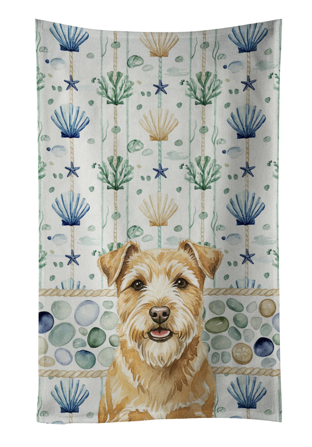 Wheaten Norfolk Terrier Coastal Sea Glass Kitchen Towel Velour Plush Front and Cotton Loop Back Machine Washable