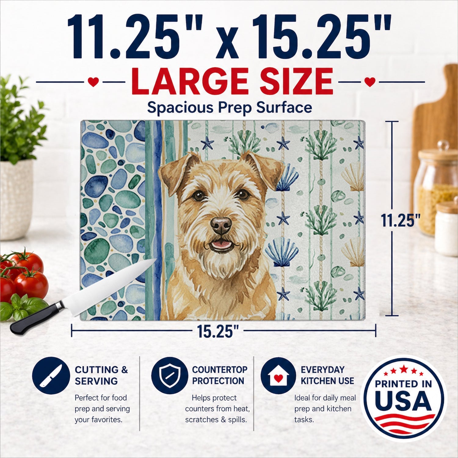 Wheaten Norfolk Terrier Coastal Sea Glass Cutting Board Tempered Glass Kitchen Cutting Surface, Heat Resistant Chopping, Non-Slip Feet, Food Prep & Serving