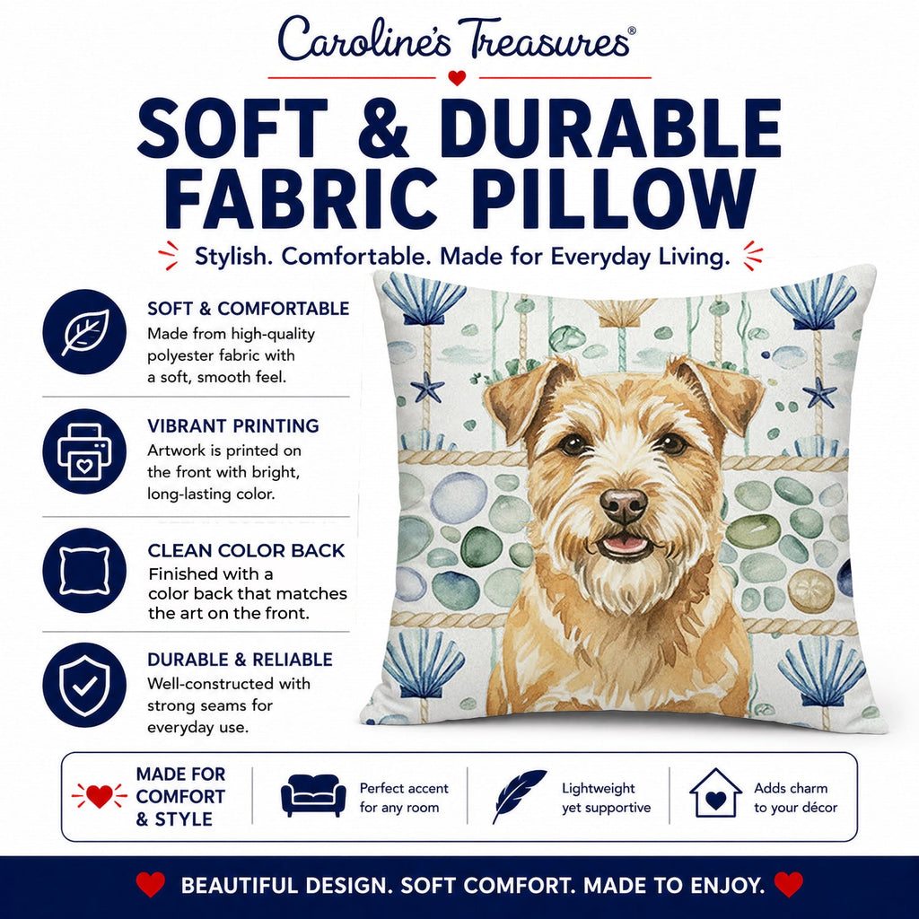 Wheaten Norfolk Terrier Coastal Sea Glass Decorative Throw Pillow 14x14 Indoor Outdoor Accent Cushion, Fabric Cover with Insert for Sofa, Bed, Porch & Living Room