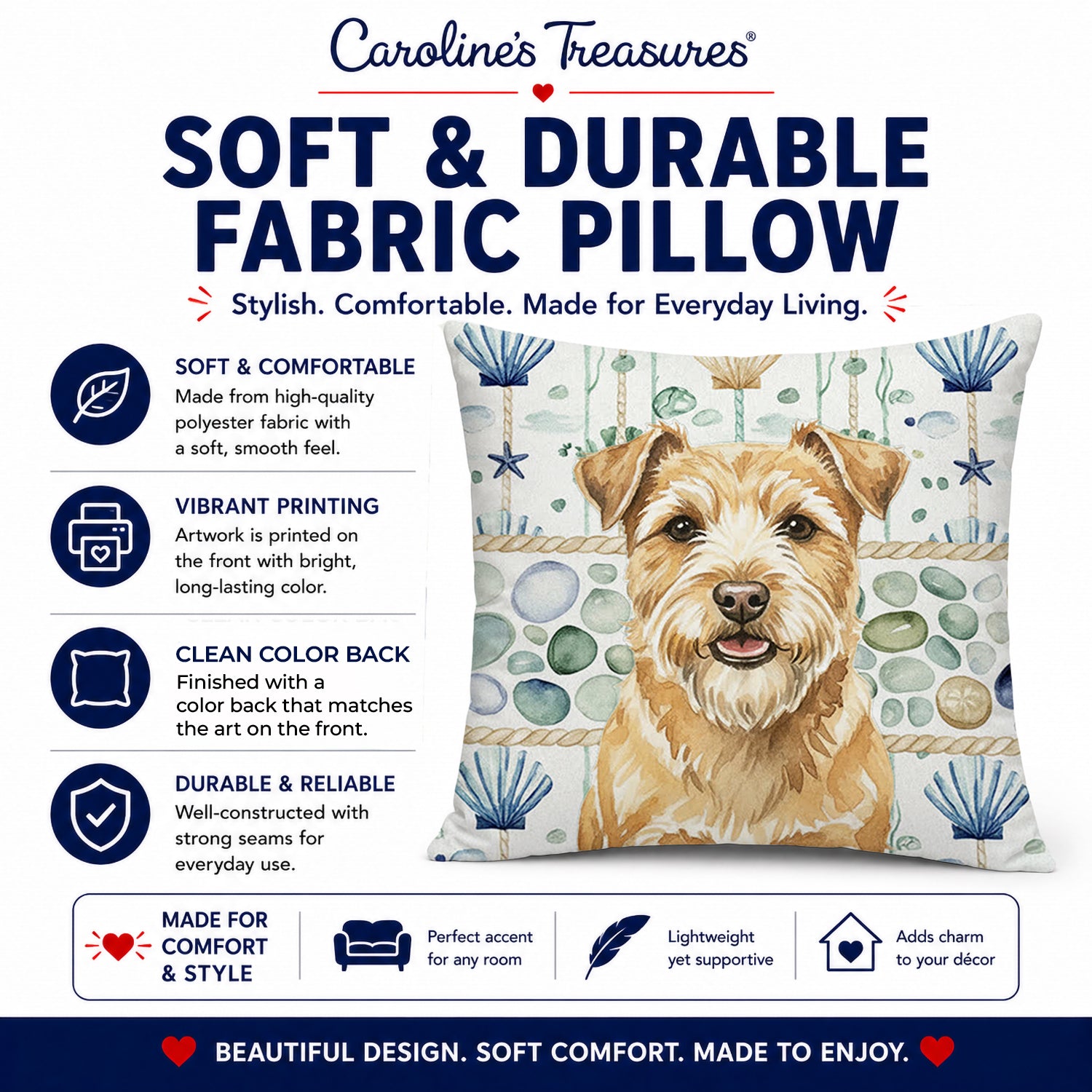 Wheaten Norfolk Terrier Coastal Sea Glass Decorative Throw Pillow 18x18 Indoor Outdoor Accent Cushion, Fabric Cover with Insert for Sofa, Bed, Porch & Living Room