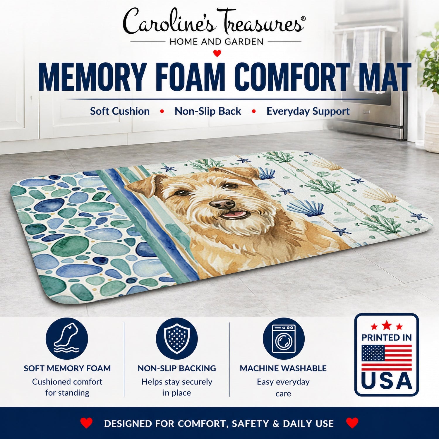Wheaten Norfolk Terrier Coastal Sea Glass Memory Foam Kitchen Mat Machine Washable Anti-Fatigue Cushion Comfort Bath or Kitchen Rug