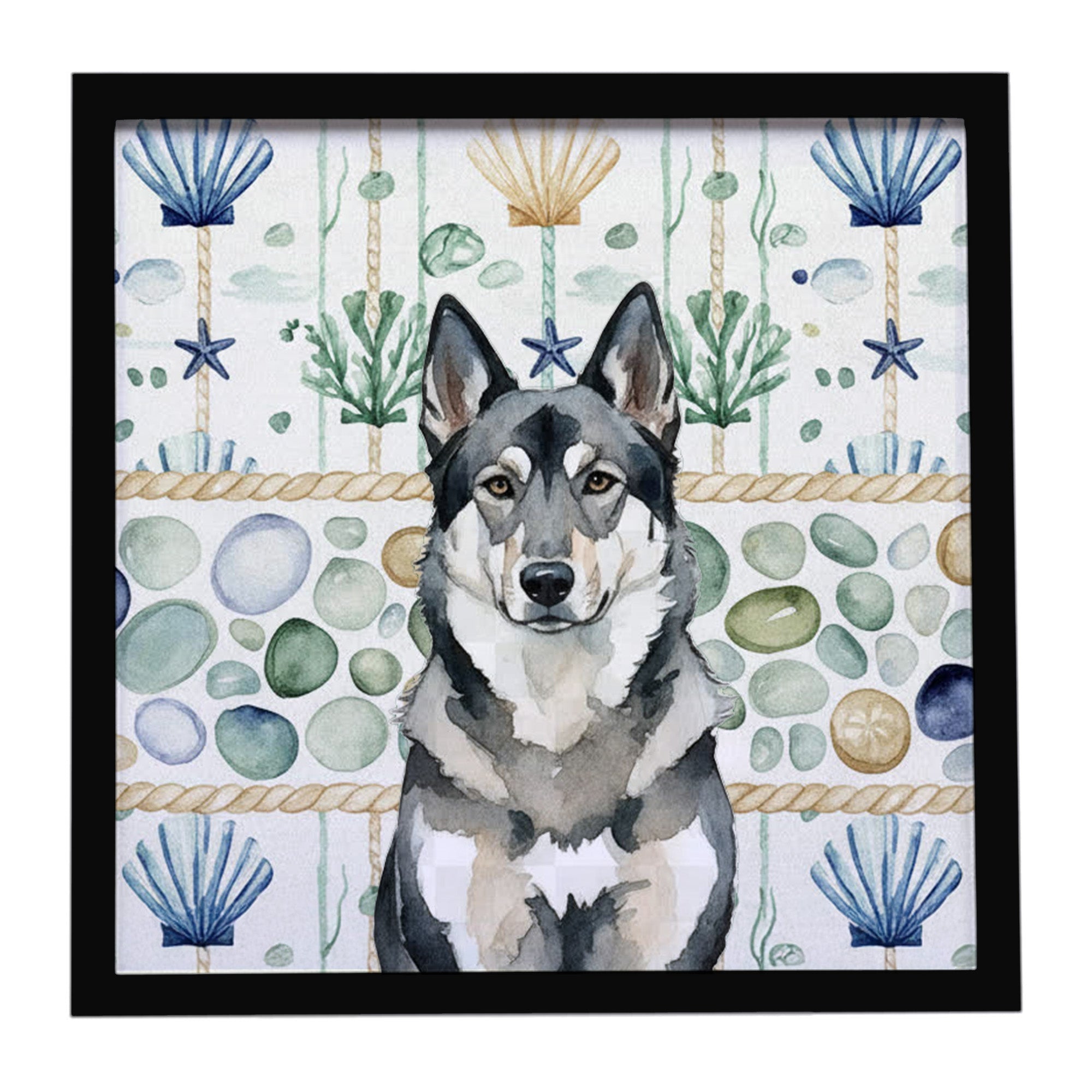 Norwegian Elkhound Coastal Sea Glass Framed Metal Print Bathroom, Kitchen, Office, Home Decor Wall Art Ready to Hang, Square, 8X8